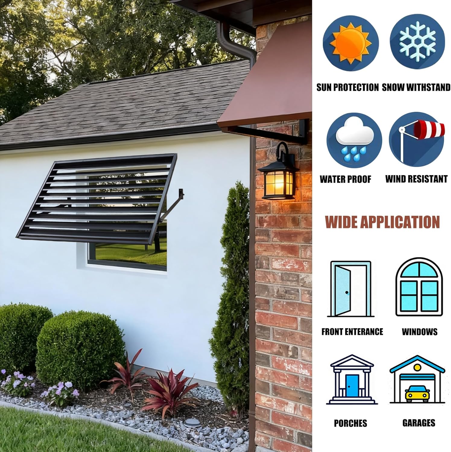 56 in W x 32 in H Shutters Window Awnings Exterior, Aluminum Black Window Shutters Fixed Metal Awning for Door Entrance, Windows