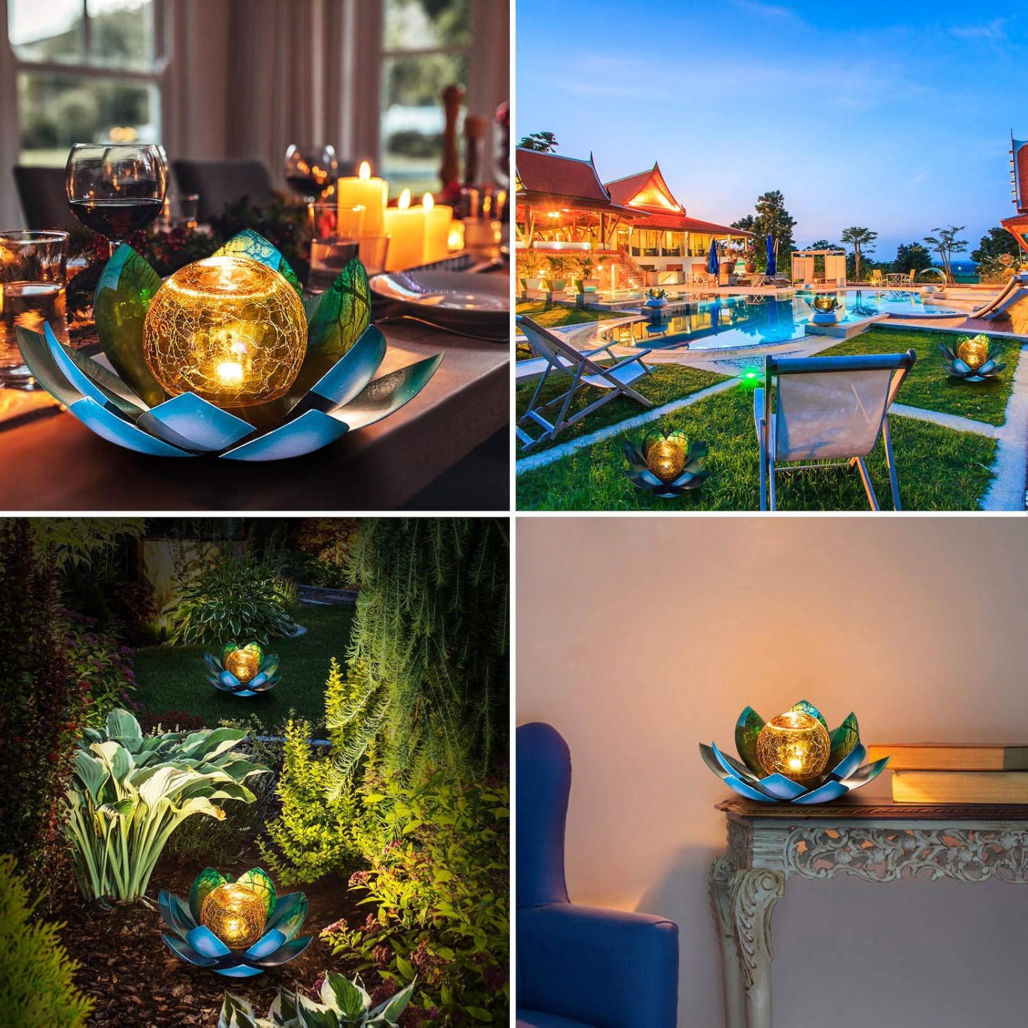 Huaxu Solar Lights Outdoor Garden, Crackle Globe Glass Lotus Decor, Waterproof LED Metal Flower Decorations for Patio,Lawn,Walkway,Tabletop,Ground