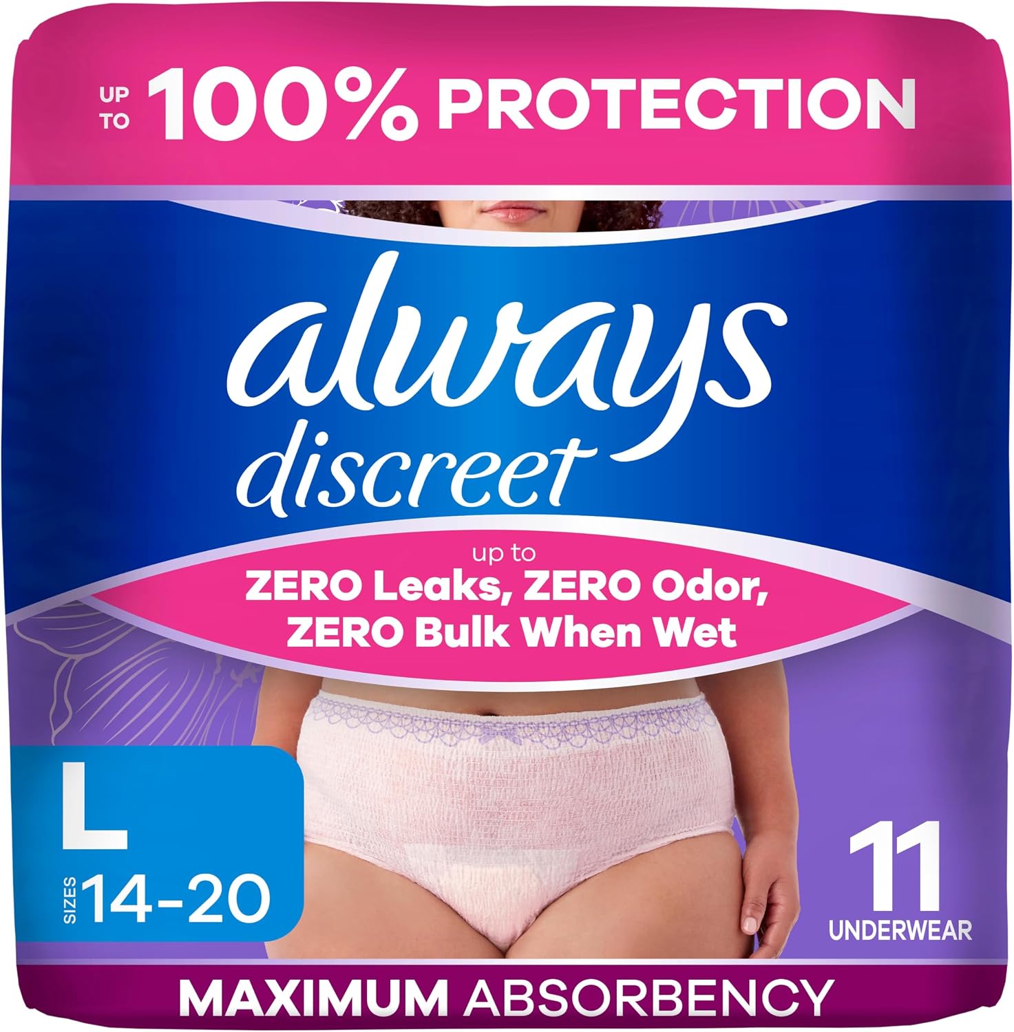 Always Discreet Adult Diapers for Women, Incontinence Underwear, Postpartum Essentials, Disposable Briefs, Max Absorbency, Bladder Leak Protection, Small/Medium, 32ct