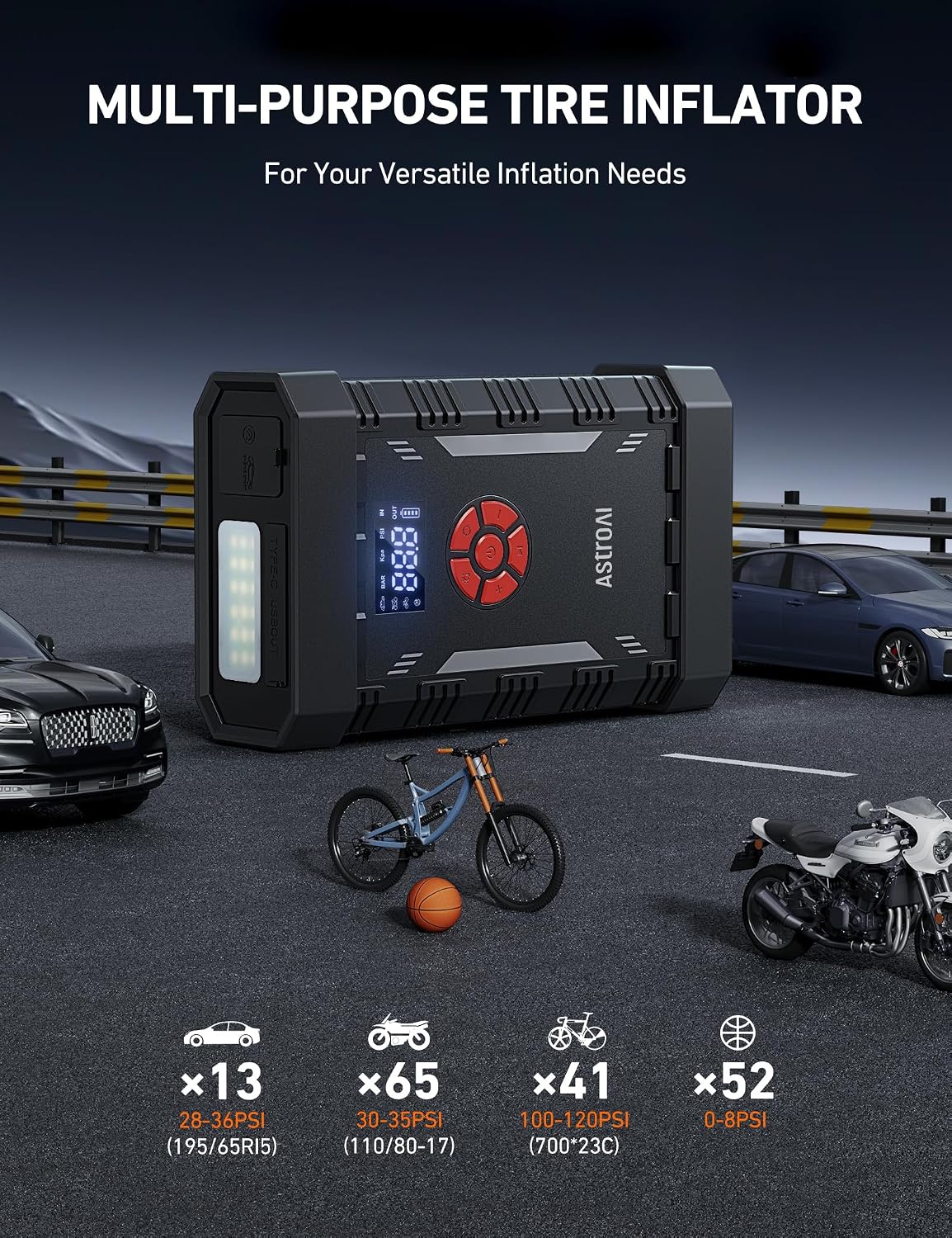 AstroAI S8 Air Jump Starter with Air Compressor, 3000A Peak Car Battery Jump Starter Portable (9.0 Gas/6.5L Diesel) with 150PSI Cordless Auto-Shutoff Tire Inflator, 12V Battery Charger Booster(Orange)