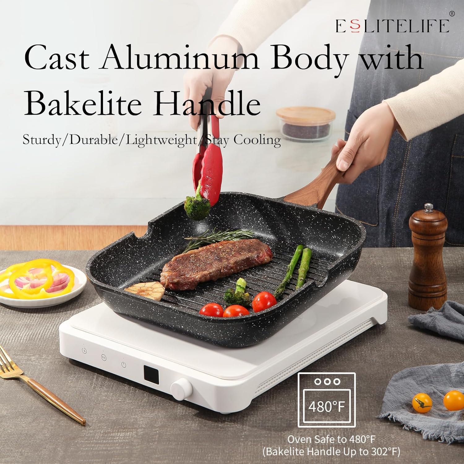 ESLITE LIFE Nonstick Grill Pan for Stove Tops, Versatile Griddle with Pour Spouts
