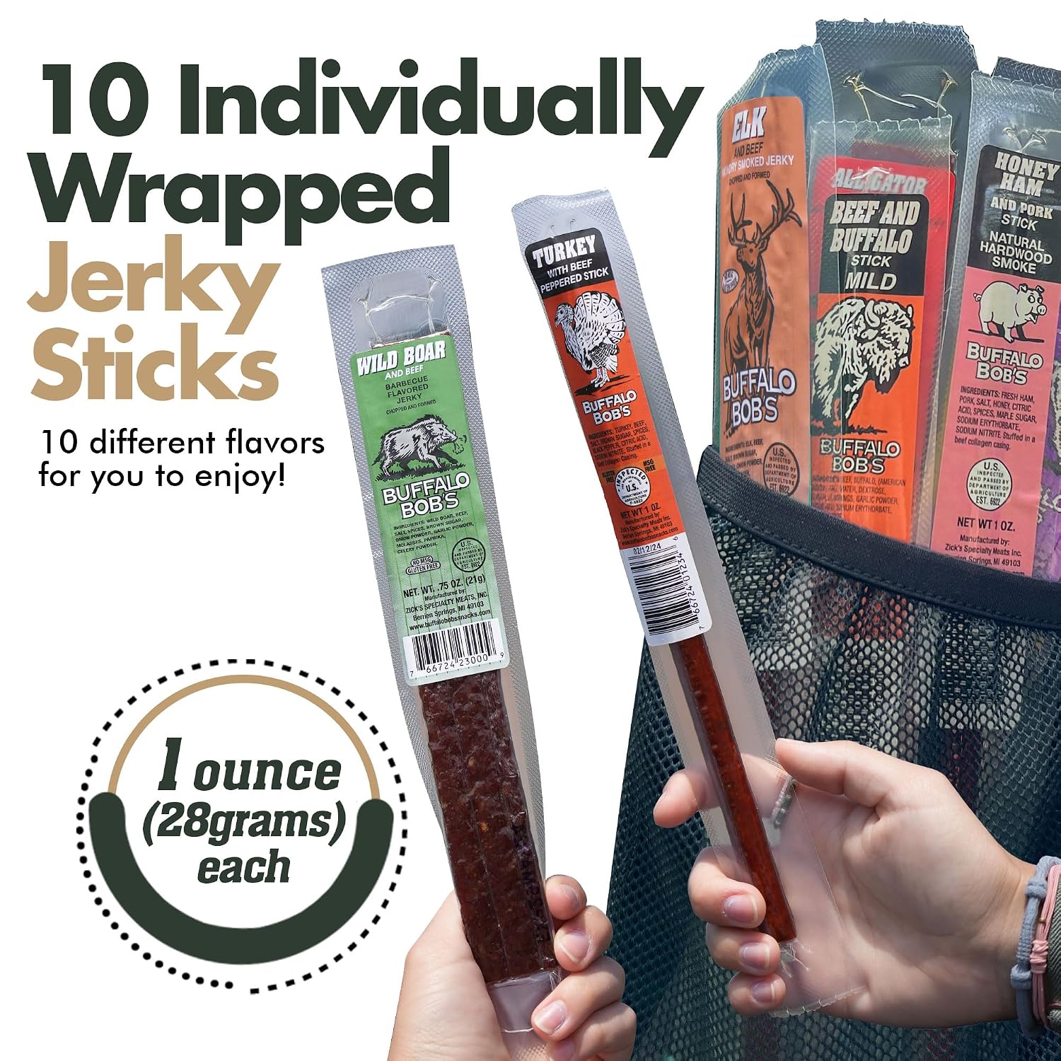 Jerky-n-Spice Wild Game Exotic Meat Sticks (10-Pack) | Ultimate Beef Jerky | Savory Snacks Variety Pack for Adults | Perfect Gifts for Anniversary, Camping, Hunting & Birthday Events