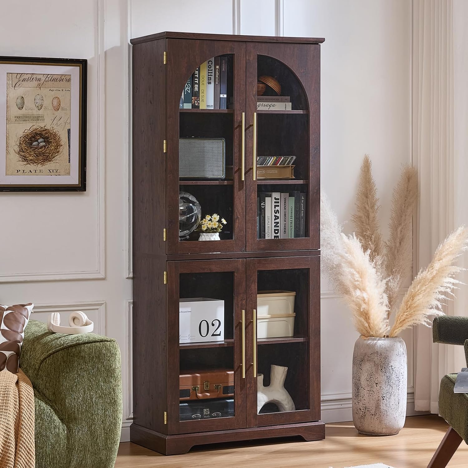 Joaxswe 72" Tall Bookshelf with 4 Curved Glass Doors, Farmhouse Bookcase with 3-Tier Adjustable Shelves, Modern Living Room Display Cabinet, Large Storage Cabinet for Home Office,Dining Room, Natural