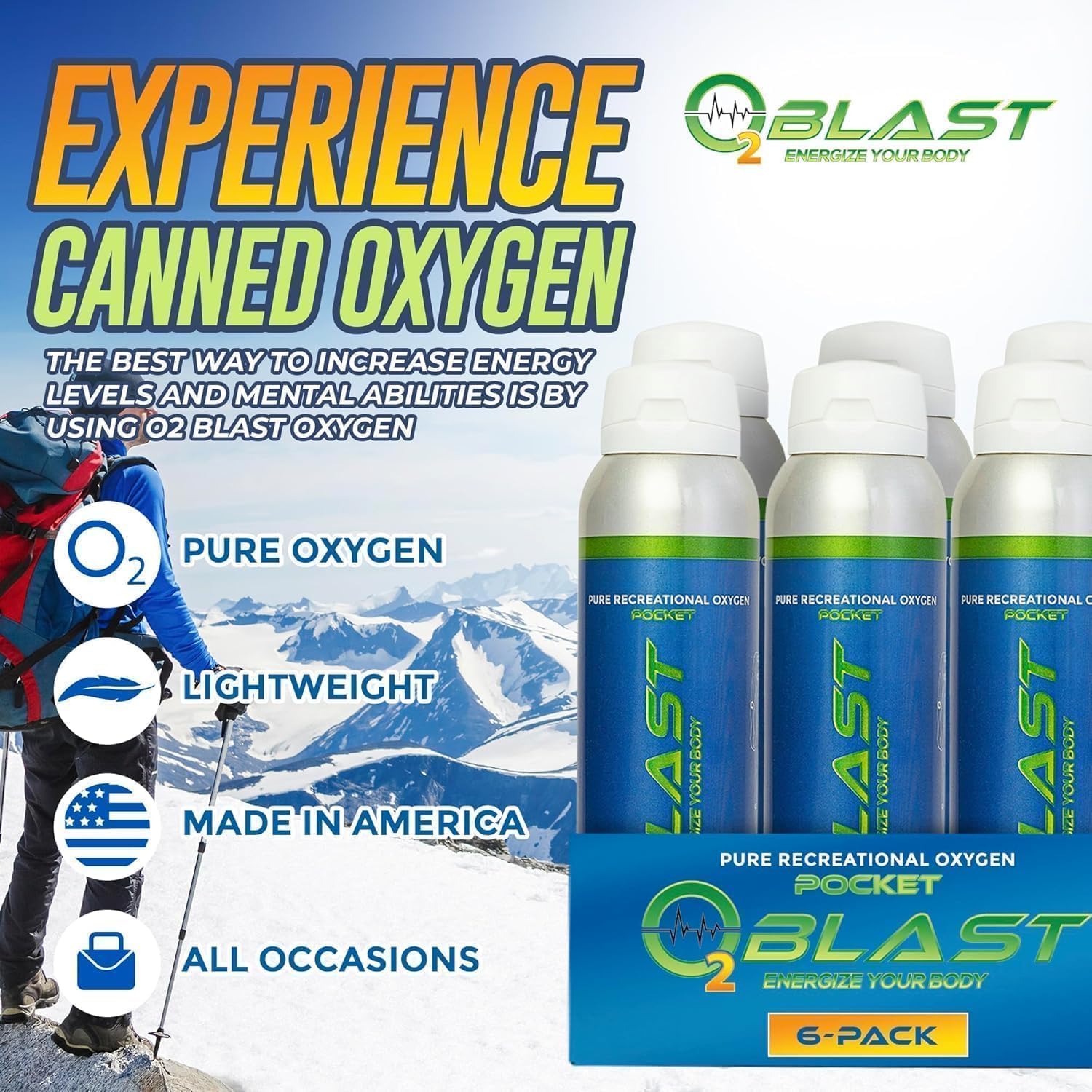 O2 Blast - 4L Portable Oxygen Can with Flip-Top Cap, Compact Design, 6-Pack