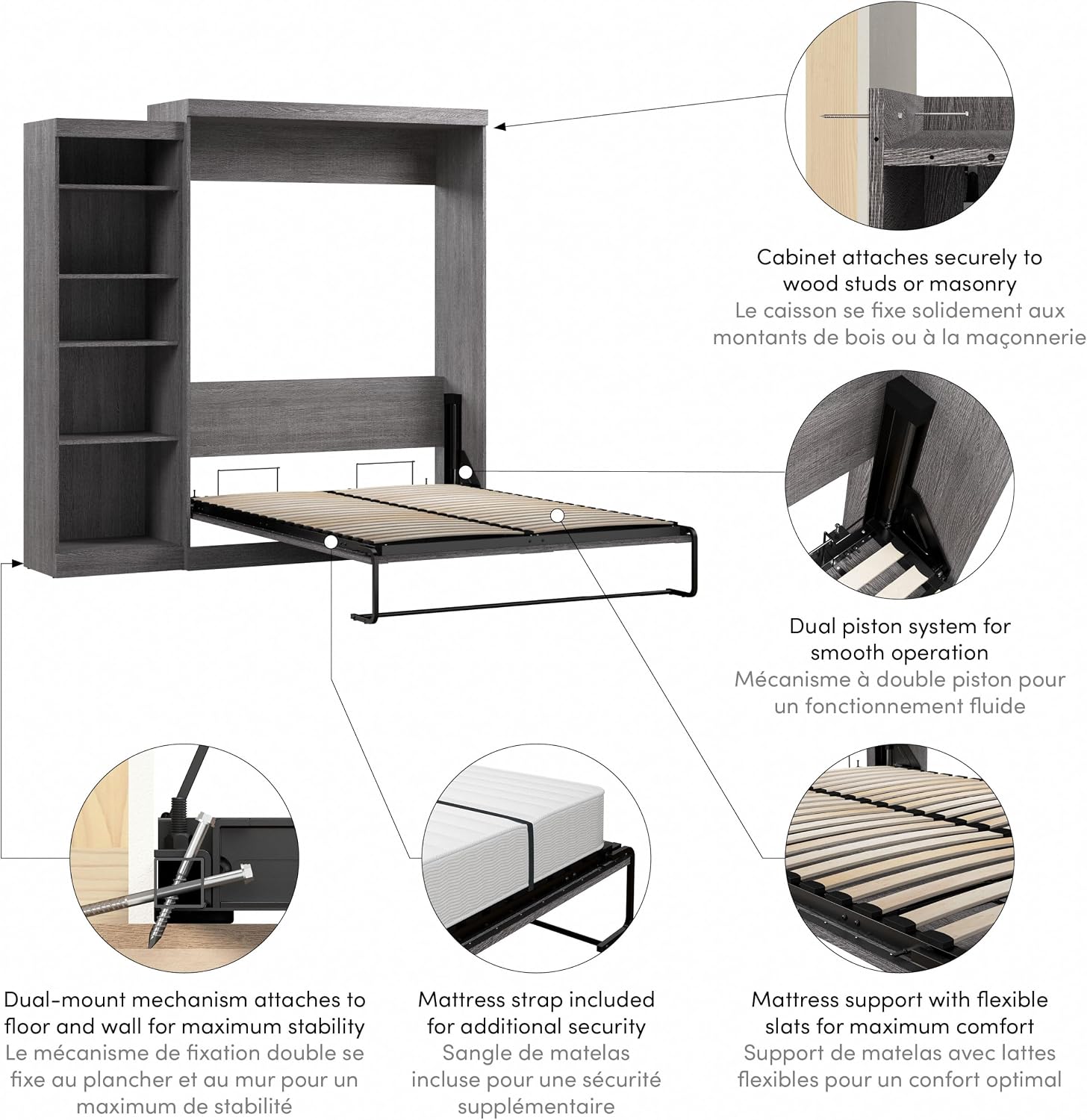 Bestar Pur Queen Murphy Bed, 65-inch Space-Saving Sleeping Arrangement for Multipurpose Area, Bedroom, Guest Room, or Living Room | Dual piston mechanism; for guest room or multipurpose space; Shaker-inspired trim with metal handles