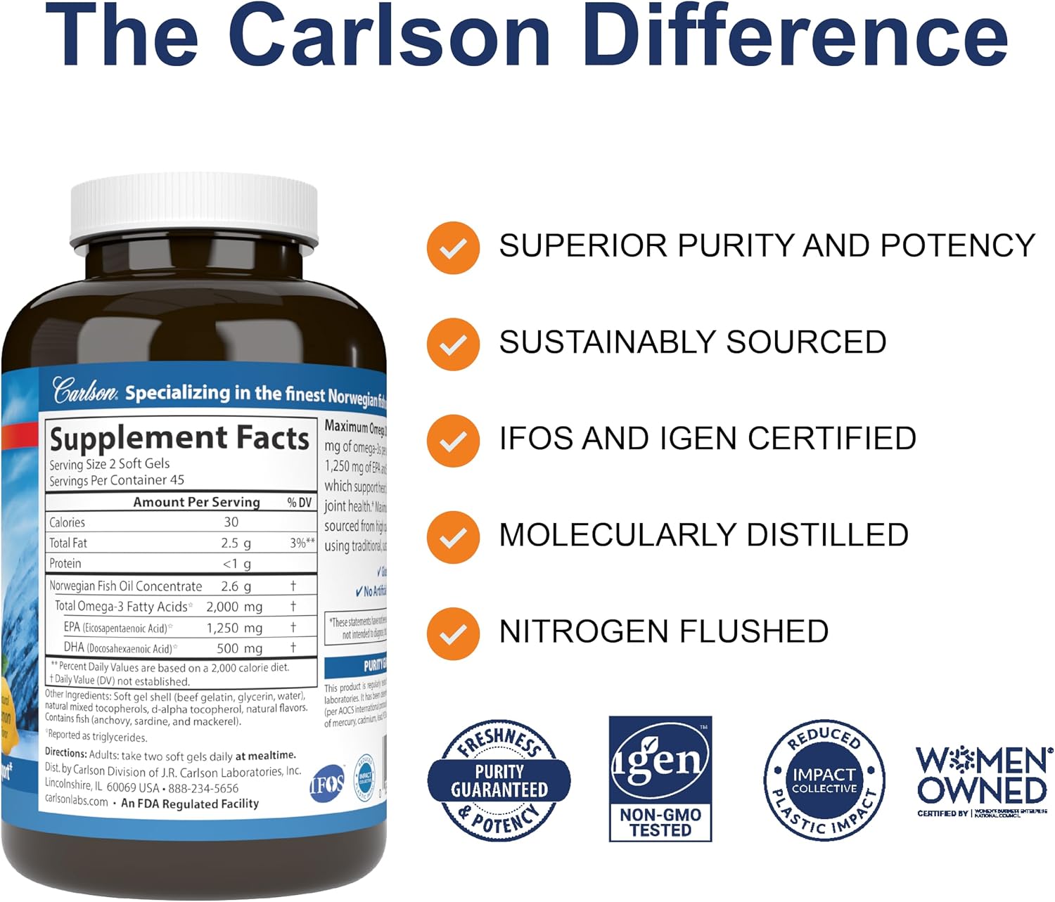 Carlson Maximum Omega 2000, 2000 mg, Wild-Caught, Lemon, 60 Softgels | Omega-3 Fatty Acids Including EPA and DHA; Norwegian Fish Oil Supplement; Sustainably Sourced Fish Oil Capsules
