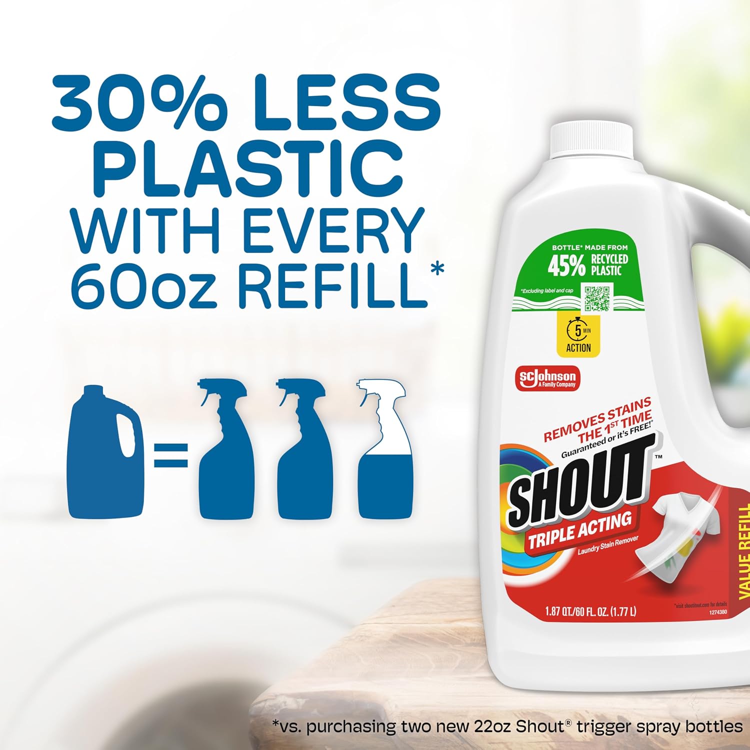 Shout Triple-Acting Laundry Stain Remover for Everyday Stains Liquid Refill, 60 Fl Oz