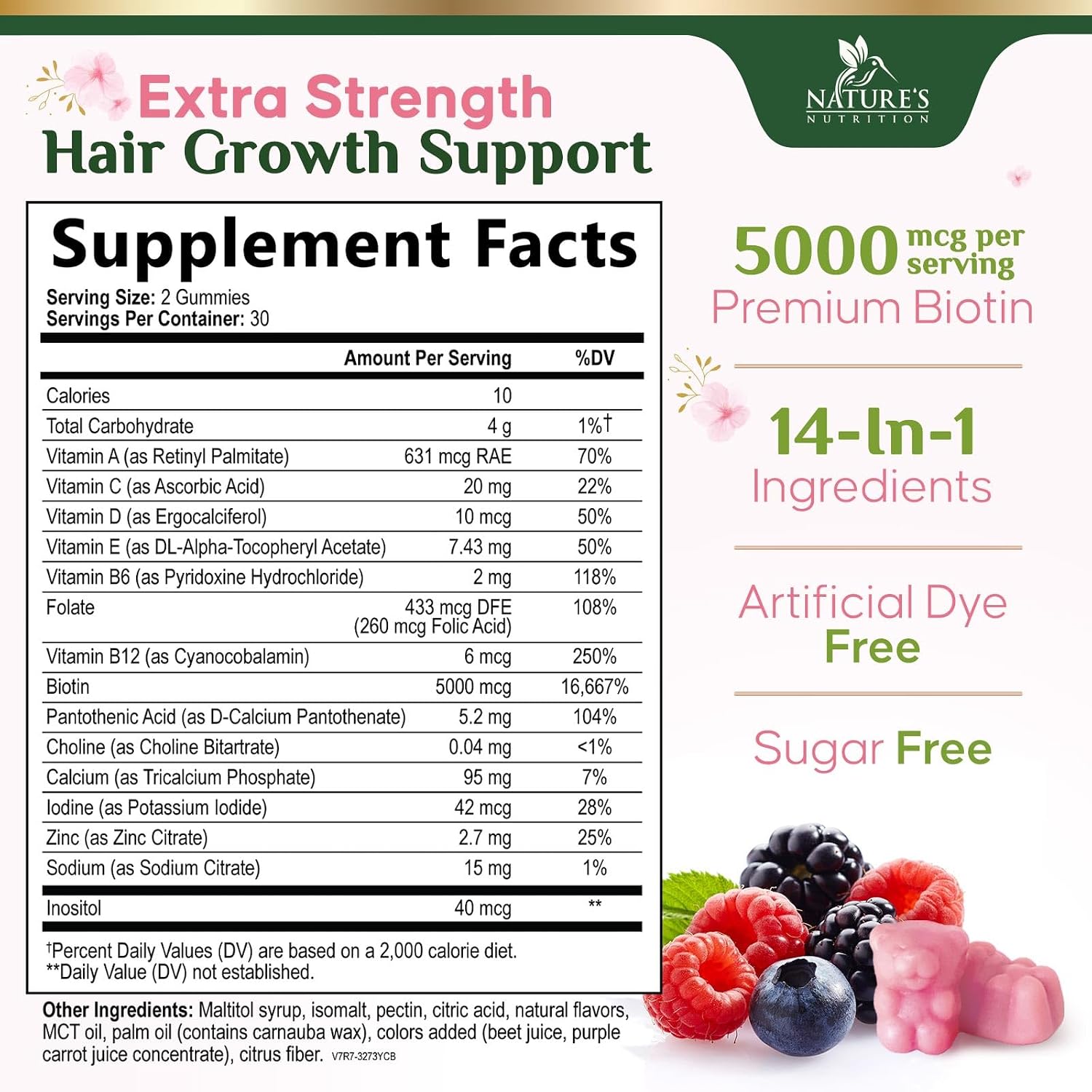 Hair Vitamins Gummies with Biotin 5000 mcg Per Serving - Extra Strength Hair Growth Support Vitamin E & C - Stronger Radiant Hair