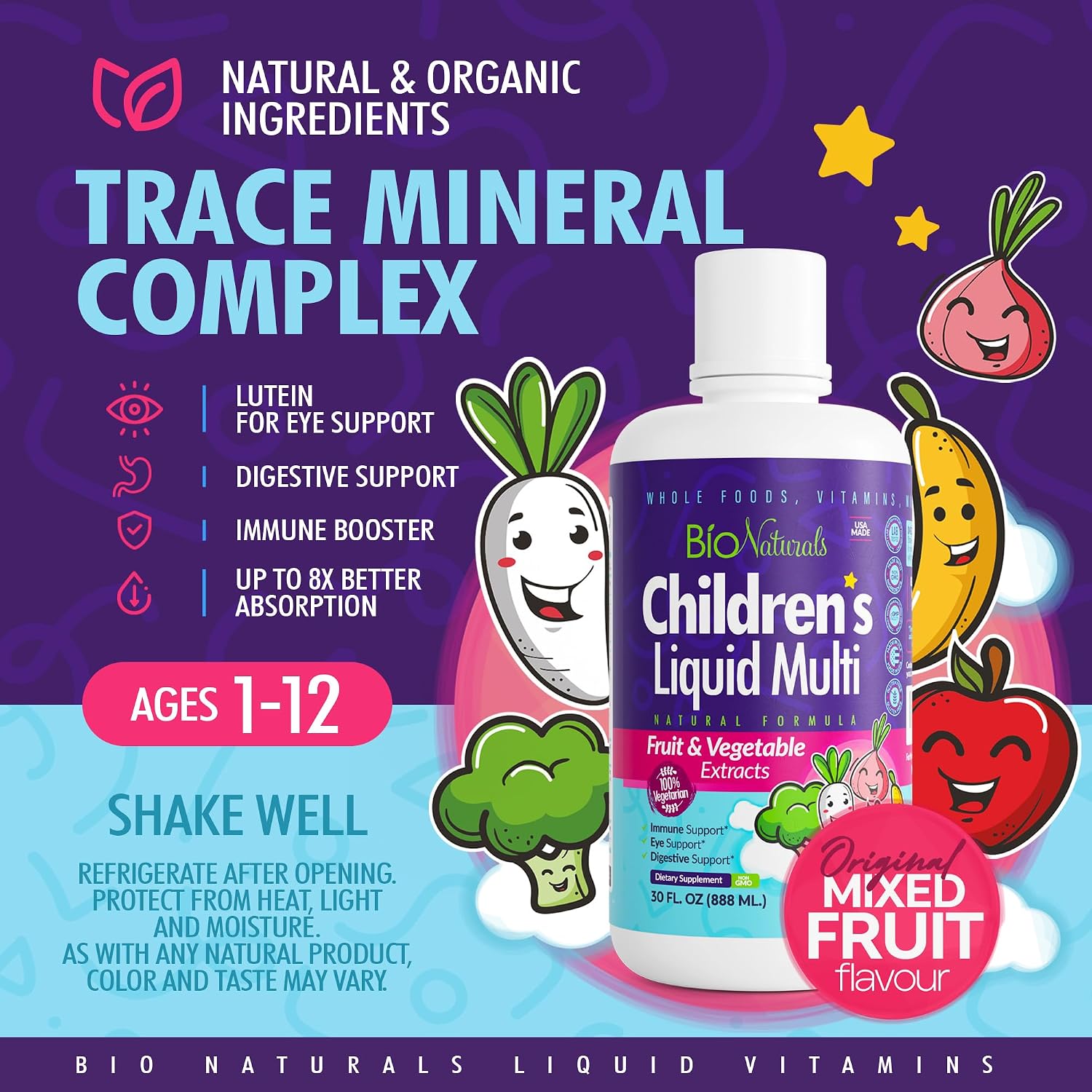 Children's Liquid Multivitamin & Immune Booster - Natural Supplement for Kids & Toddlers with Vitamins A B C D3 E, Fiber