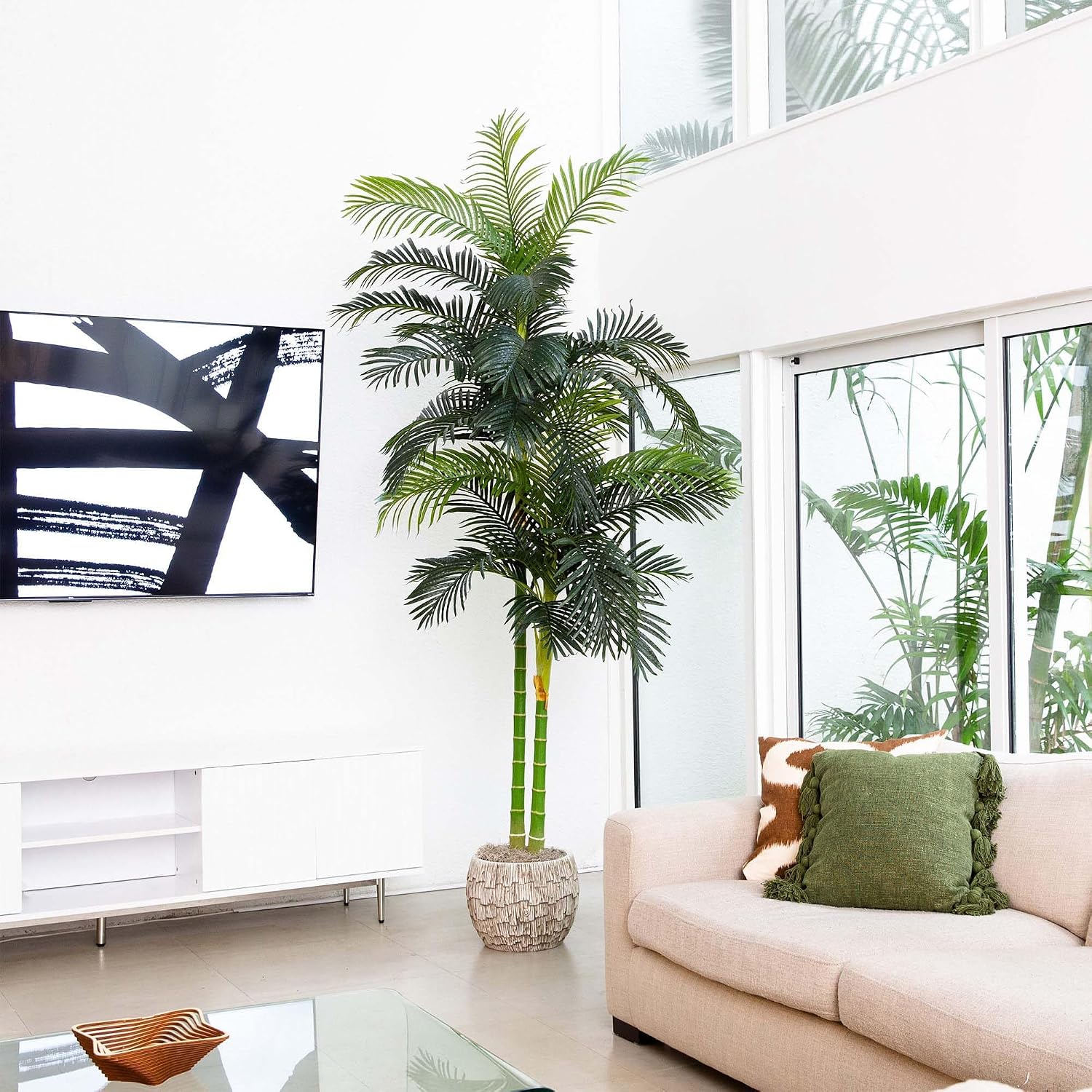 Nearly Natural 4 ft Artificial Golden Cane Palm Tree with Nursery Pot | Double-Stalk, Lush Realistic Foliage, Indoor Faux Palm Plant, Living Room Decor, Perfect Tropical Decoration