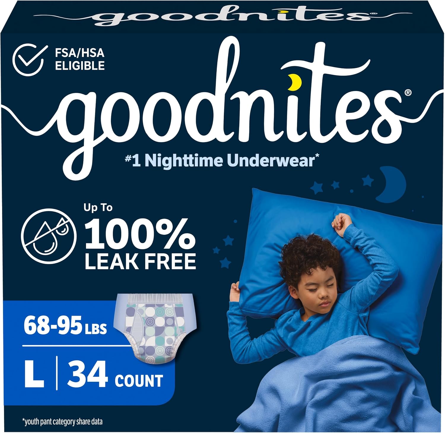 Goodnites Boys' Nighttime Bedwetting Underwear, Size S/M (43-68 lbs), 44 Ct (2 Packs of 22), Packaging May Vary