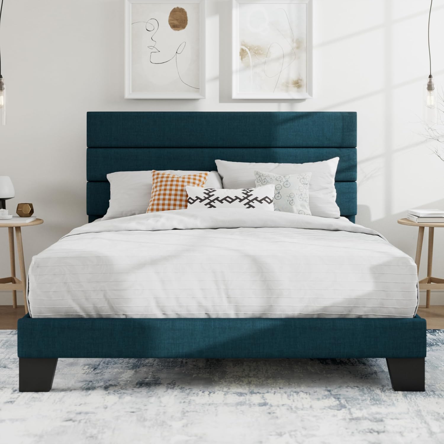 SHA CERLIN Full Platform Bed Frame with Upholstered Fabric Headboard, Grey