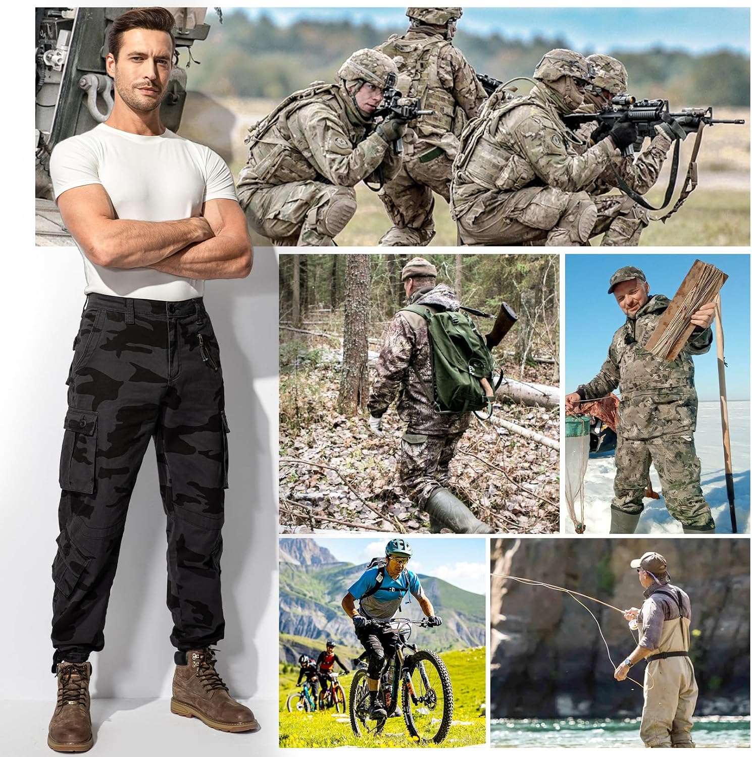 Mens Cargo Pants Camo Work Tactical Rip Stop BDU Casual Army Military Pants | 100% Cotton,Wear Resistant,Breathable,Sweat-absorbent,Men's Wild Cargo Pants with 8 Pockets,Relaxed Loose Fit Hiking Pants