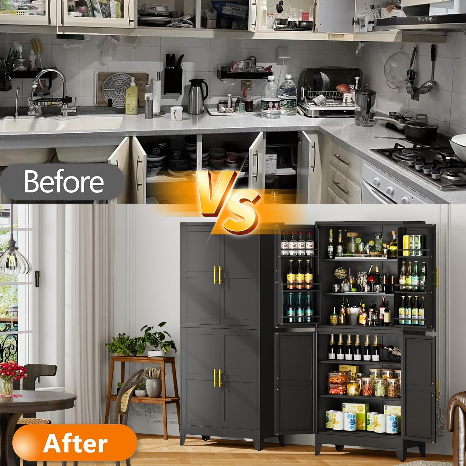 GAIOUS 75.2" Tall Metal Kitchen Pantry Storage Cabinets with 2 Door and 5 Adjustable Shelves, Cupboard for Kitchen, Dining Room, Living Room and Bathroom, White