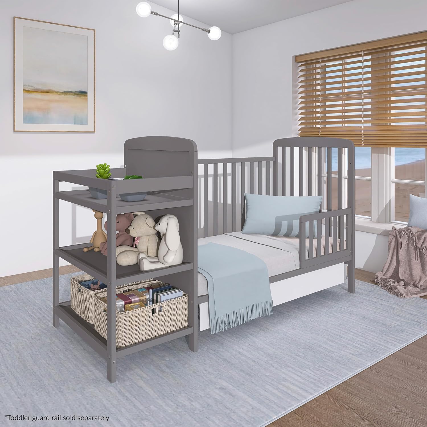 Dream On Me Anna 3-in-1 Convertible Full-Size Baby Crib & Changer with Storage in Steel Grey, GreenGuard Gold & BSA, Pinewood