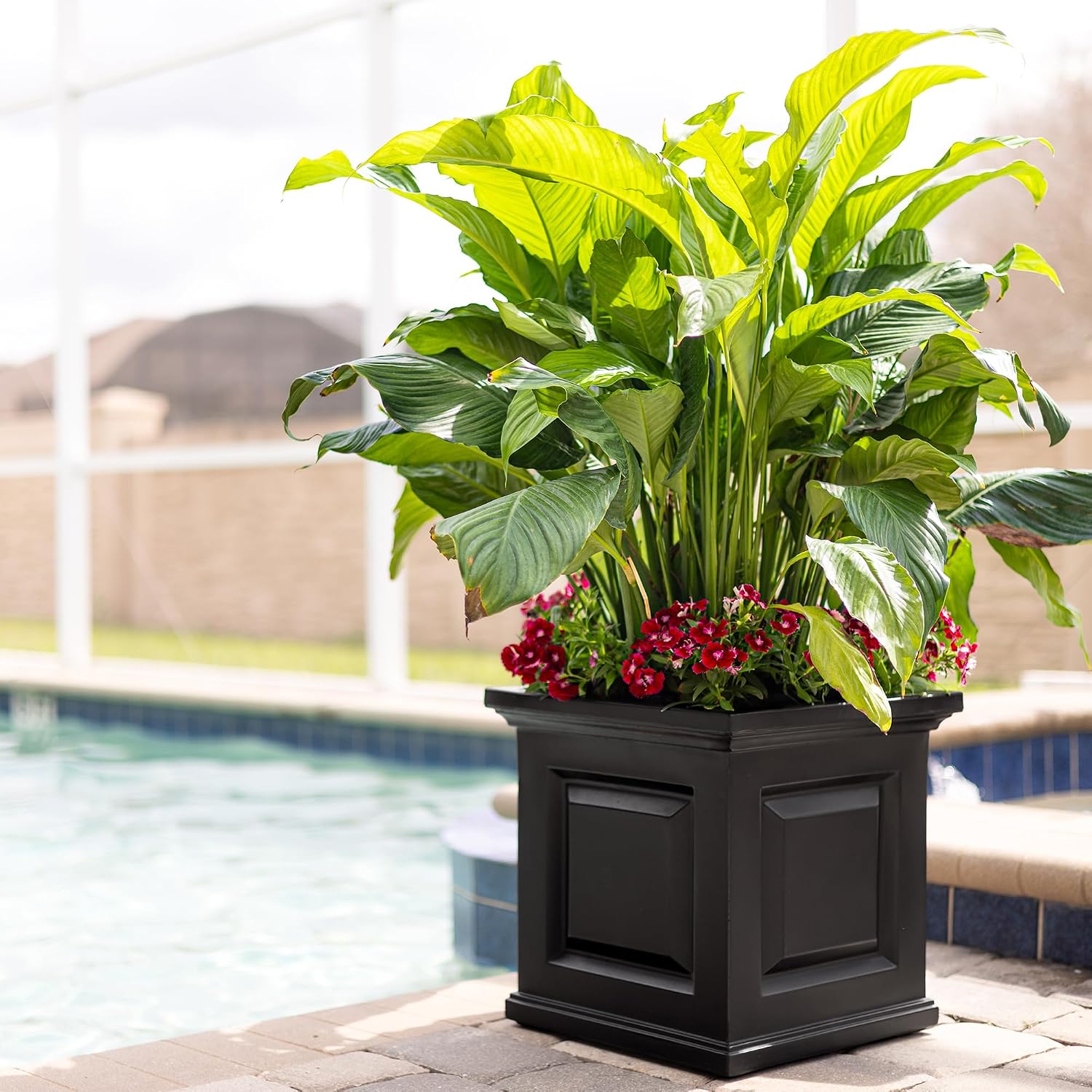 Mayne Nantucket 16in Self-Watering Square Planter, Black | Self-watering, All season, Fade resistant, Double-wall design, 15-year warranty