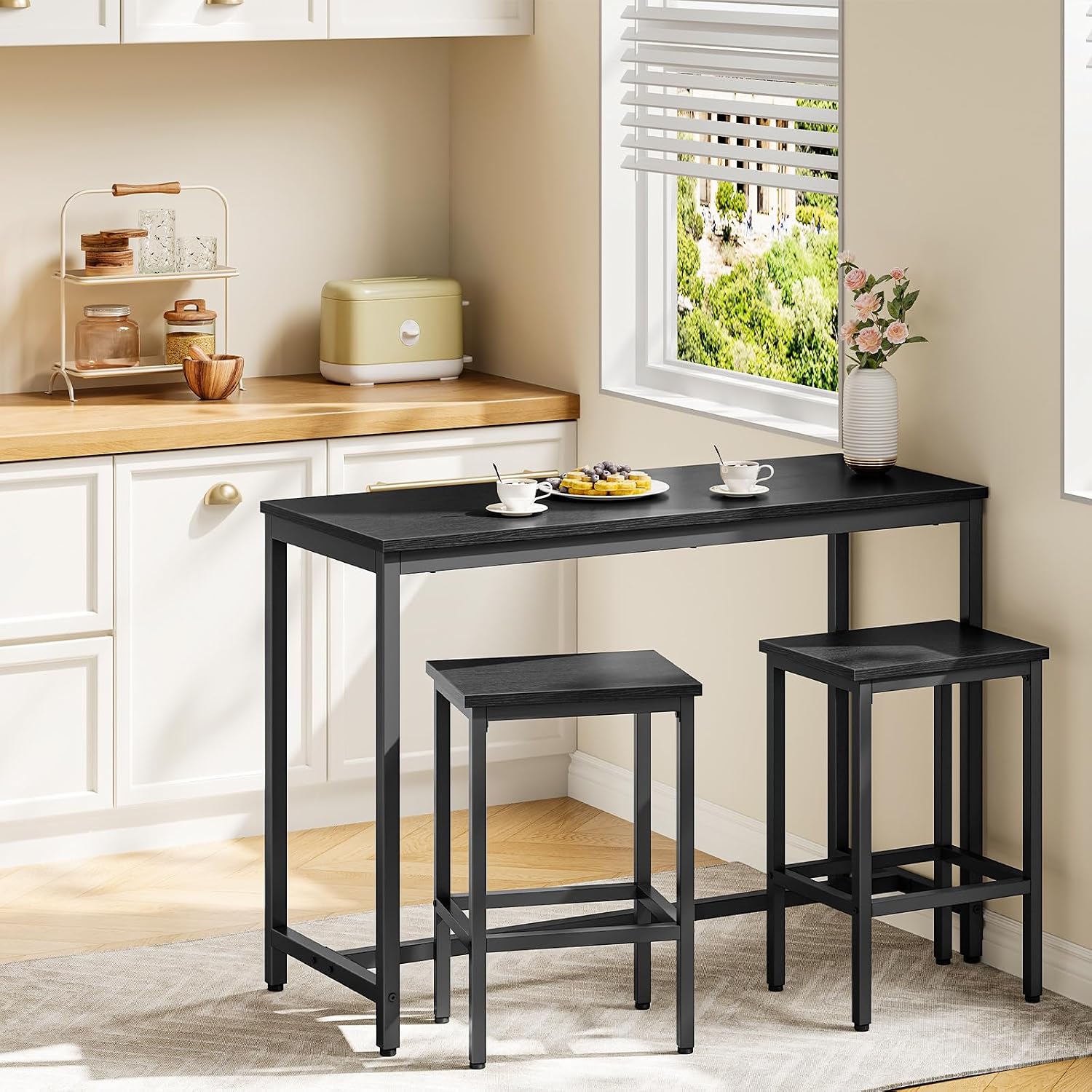 HOOBRO Bar Table and Chairs Set, 47.2” Rectangular Pub Table with 2 Stools for Small Space, 3-Piece Breakfast stools Set, Sturdy Metal Frame