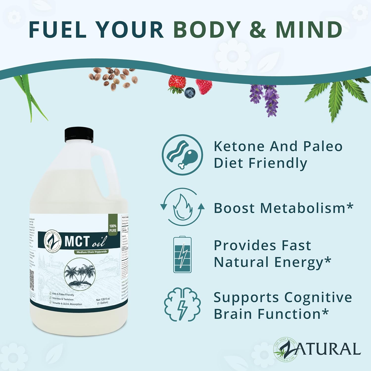 MCT Oil, Certified Food and Therapeutic Grade, Carrier, Massage, Hydrating, Hair, 0 Additives, (128 Ounce (1Gallon))