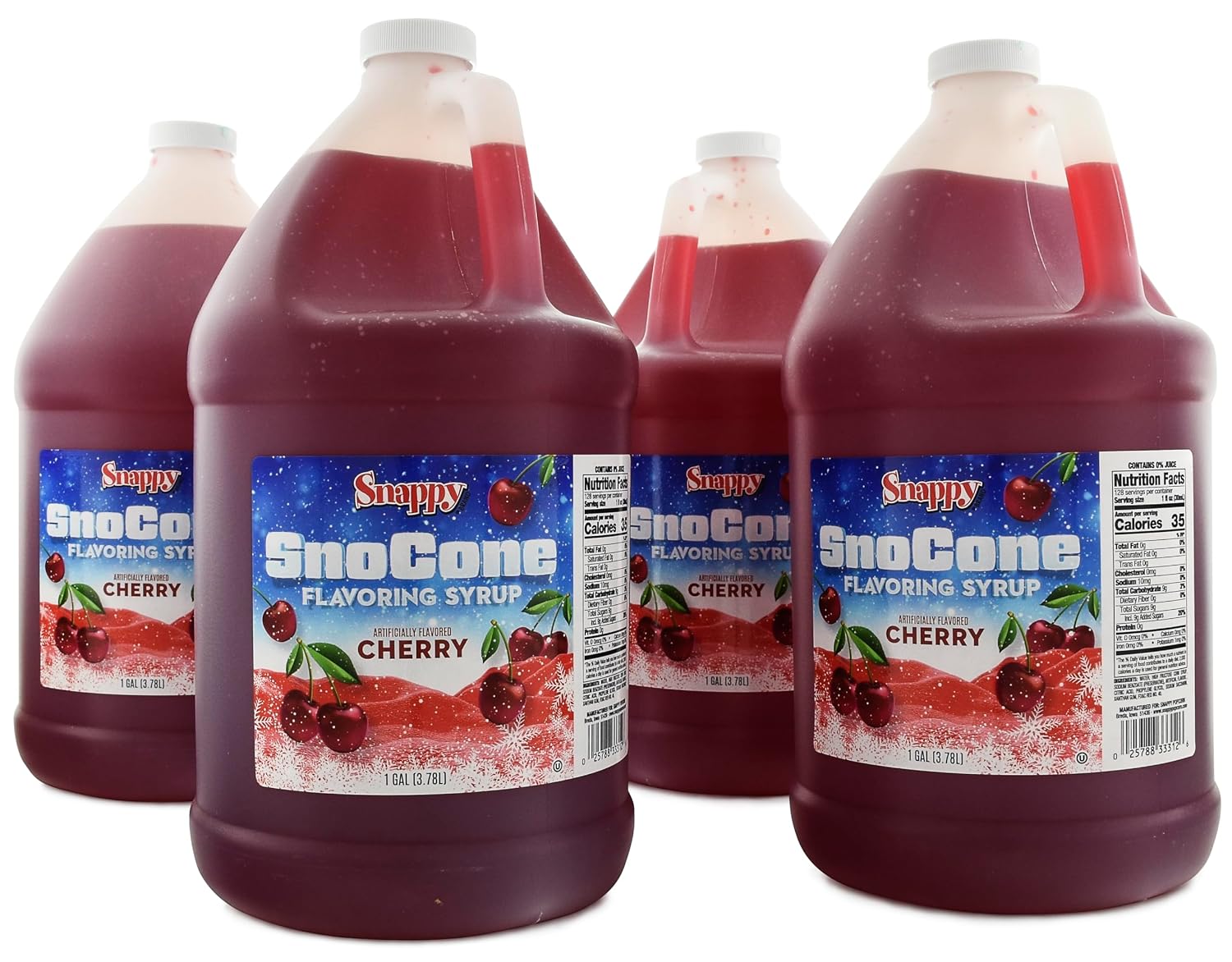 Snappy Cherry Sno Cone Syrup, 1 Gallon 4 Pack, Ready to Use for Snow Cone Machines and Shaved Ice