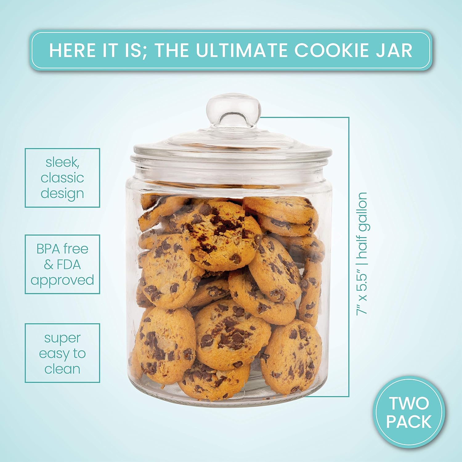 Marbelous Set of 2 Glass Jar with Lid (2 Liter) | Airtight Glass Storage Cookie Jar for Flour, Pasta, Candy, Dog Treats