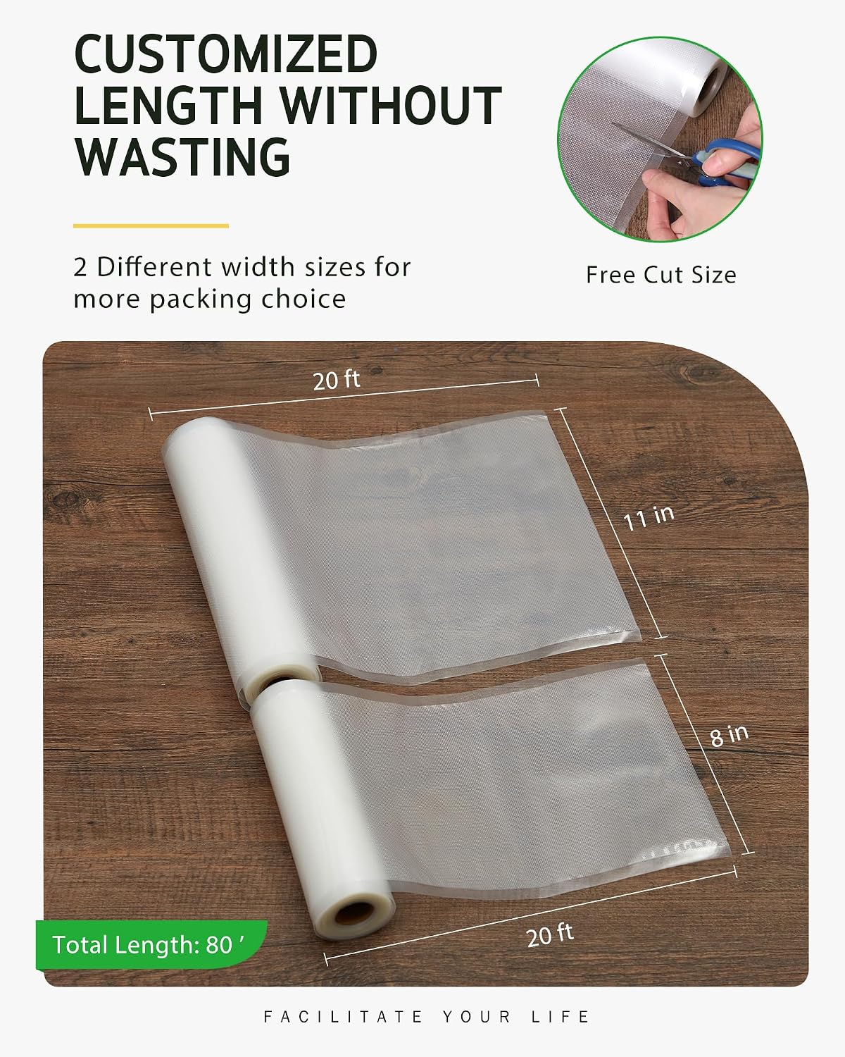 Syntus Vacuum Sealer Bags for Food, 3 Rolls 11" x 20' and 3 Rolls 8" x 20'