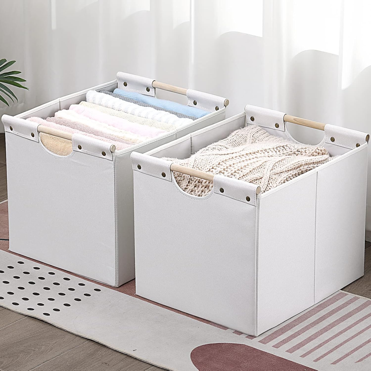 HOONEX Large Collapsible Storage Bins, Linen Fabric, 2 Pack, Storage Baskets with Wooden Carry Handles and Sturdy Heavy Cardboard, for Home, Office