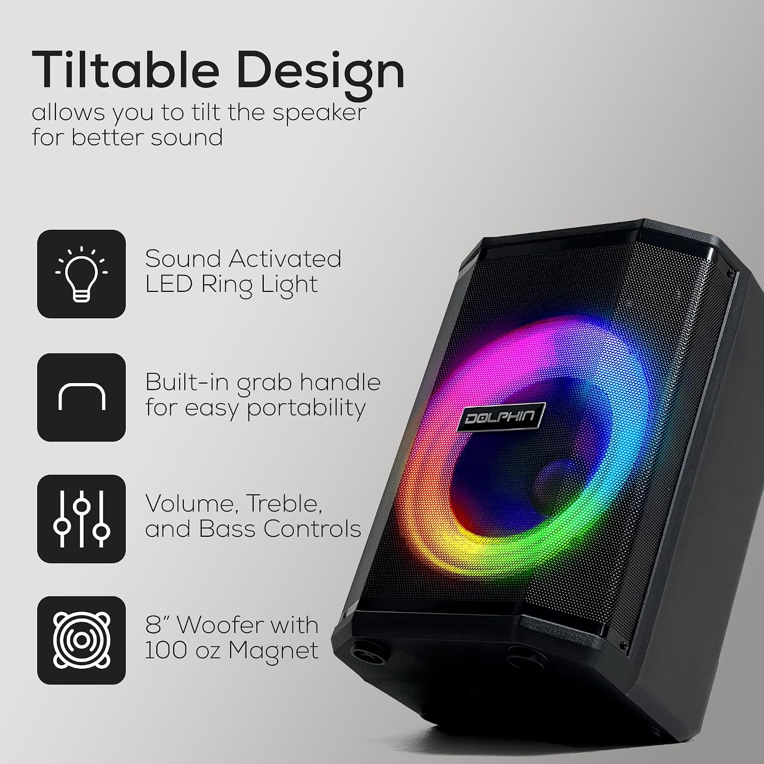 Dolphin Bluetooth Party Speaker with Wireless Microphone, 8" Woofer | 40W RMS, Tiltable Design, WaveSync TWS, LED Ring Light, USB/TF/AUX/FM
