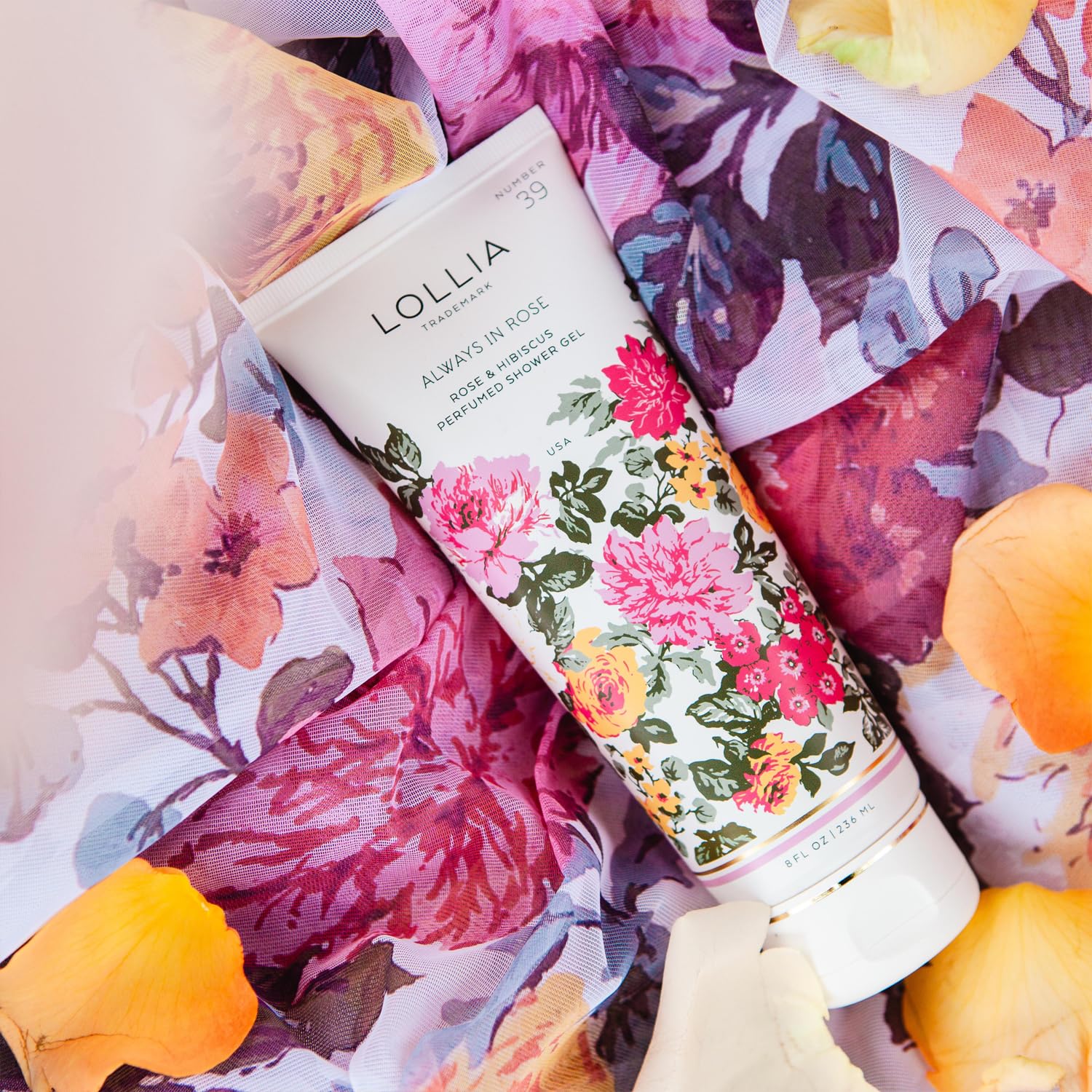 LOLLIA Wish Shower Gel, 8 fl oz, Vanilla Bean, Rice Flower, Jasmine Leaves, & Sugar Cane, Luxury Shea Moisture Hydrating Women's Body Wash, Delicate & Relaxing Scented Bath Soap for Self Care