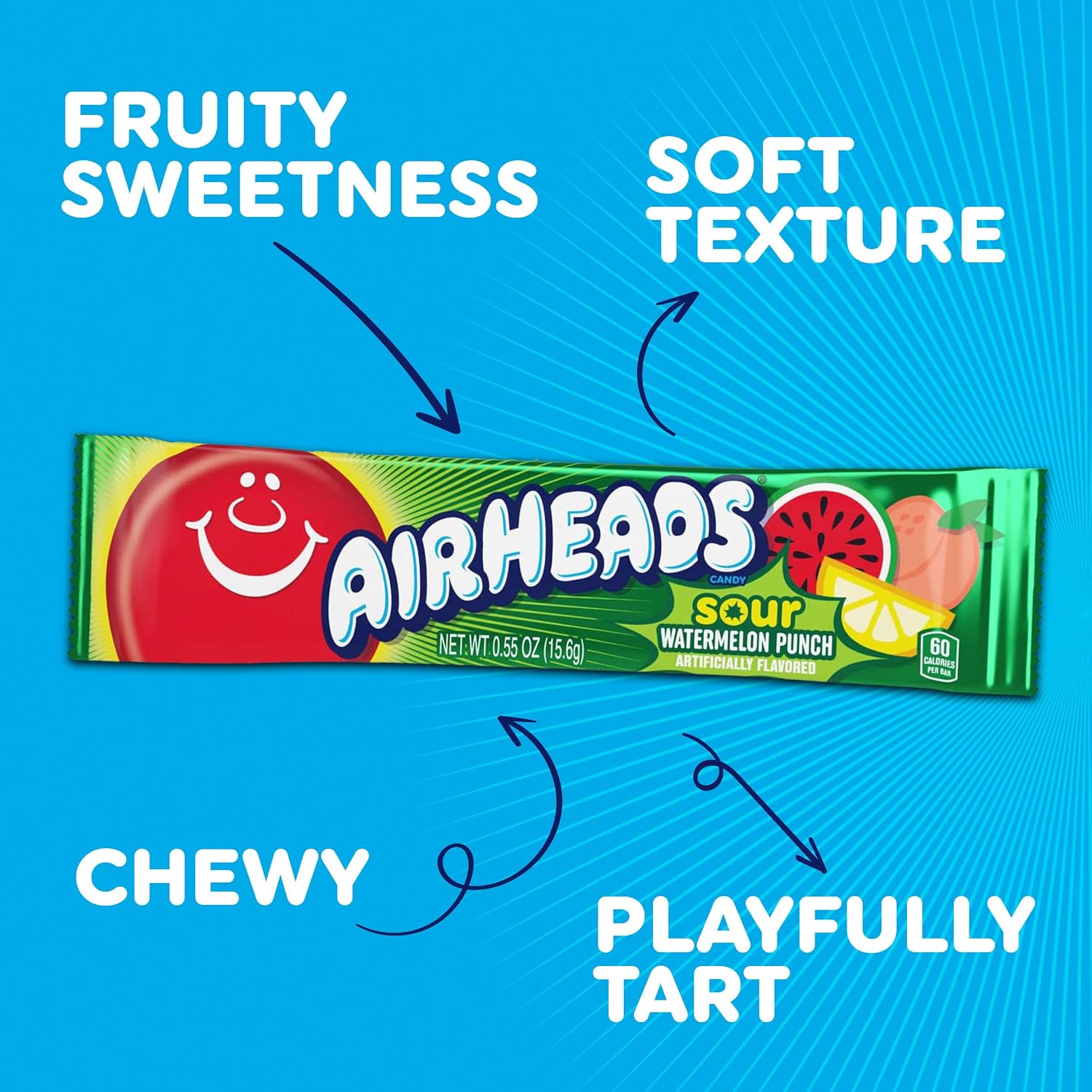 Airheads Full-Size Candy Bars, Assorted Taffy Variety Pack, 60 Count Box | Individually Wrapped Bulk Candy, Six Assorted Fruit Flavors, Artificially Flavored