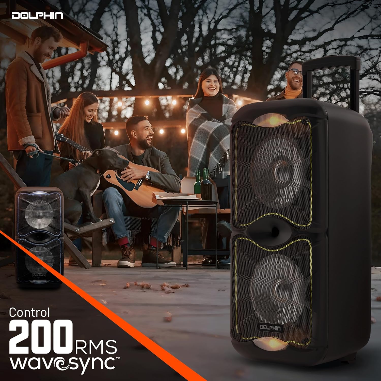 DolphinLarge Bluetooth Party Speaker, Dual 12" Woofers | 3600W Output, WaveSync Pairing, 5-Band EQ, USB, SD, TF, FM & AUX Inputs