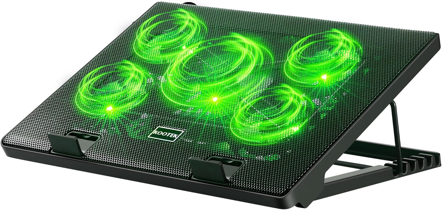 Kootek Laptop Cooling Pad Cooler Stand with 5 Quiet Fans for 12"-17" Laptop | 5 Fans, USB Powered, Laptop Cooling Stand with 2 USB Hub, 6 Adjustable Height, 360° Cooling Coverage, Anti-Slip, Blue LED