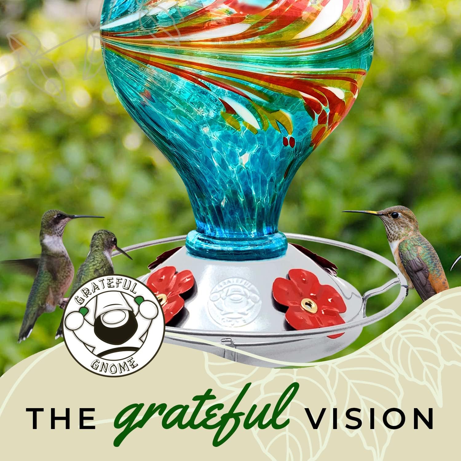 Hummingbird Feeder by Grateful Gnome - Large Hand Blown Stained Glass Feeder for Garden, Patio, Outdoors, Window with Accessories S-Hook, Ant Moat