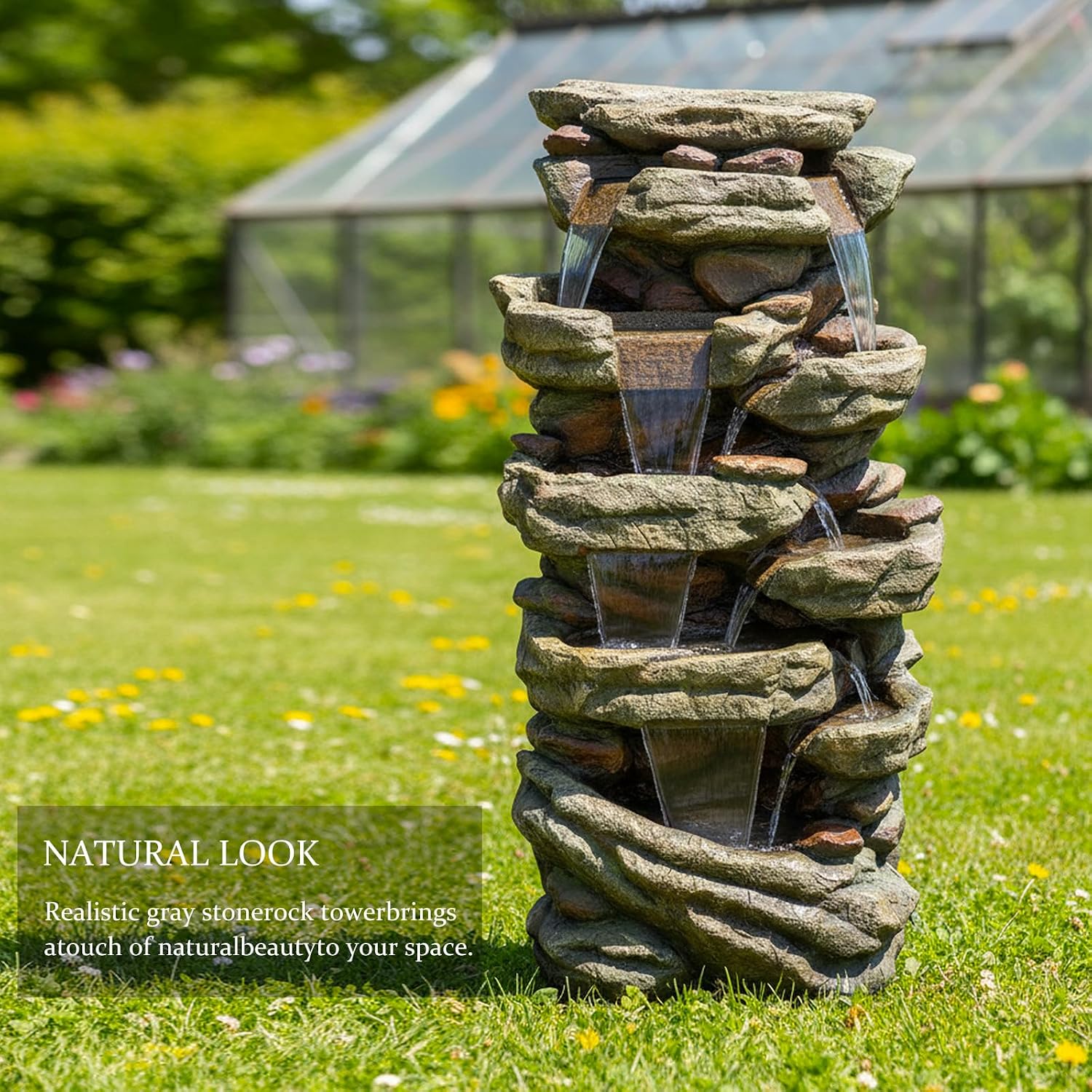 SunJet 40.5” High Rocks Outdoor Water Fountain - 6-Tiers Cascading Waterfall with LED Lights, Soothing Tranquility for Home Garden, Yard Decor