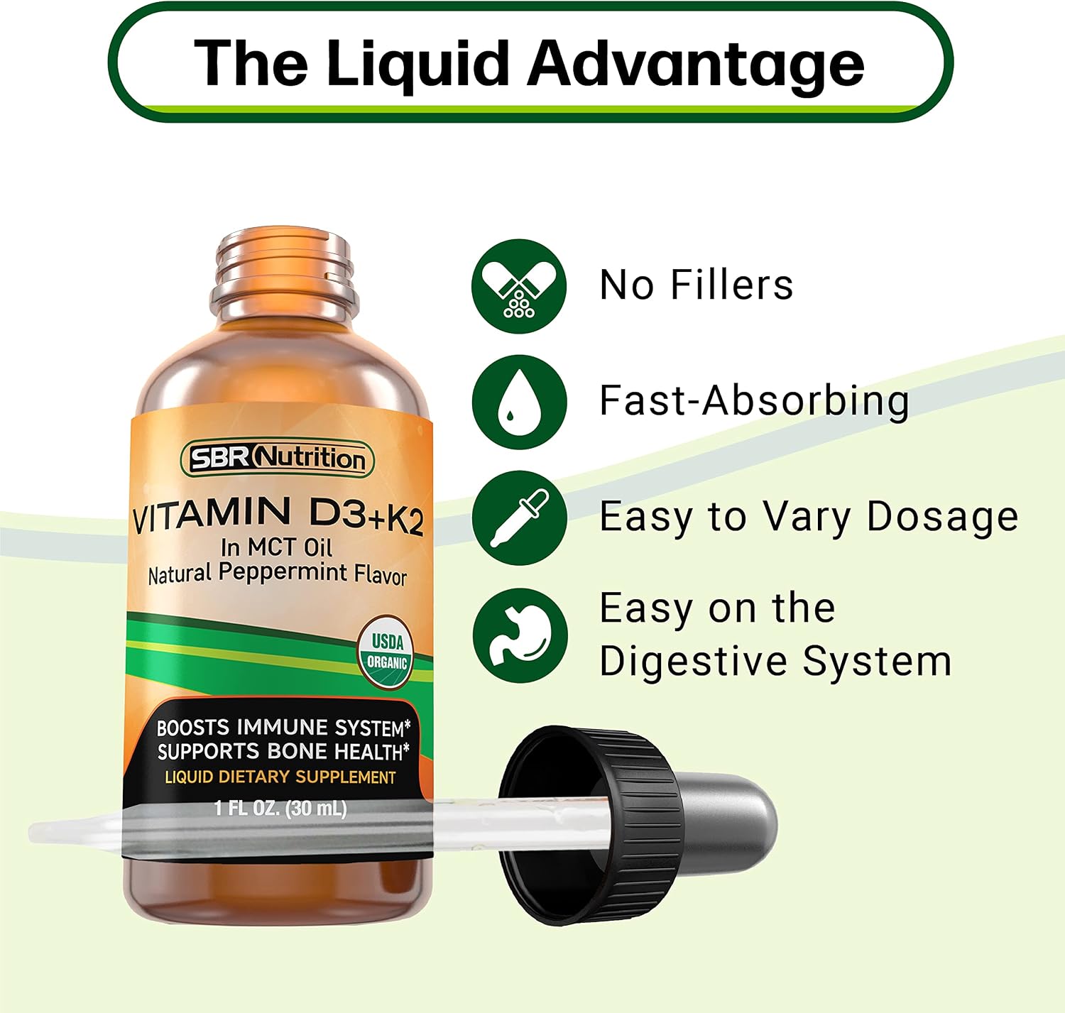 SBR Nutrition MAX Absorption, Vitamin D3 + K2 (MK-7) Liquid Drops with MCT Oil, Peppermint Flavor, Helps Support Strong Bones and Healthy Heart