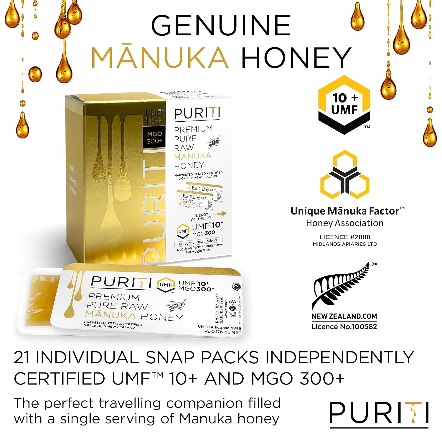 PURITI Genuine Raw Manuka Honey Snaps On The Go - UMF 10+ (MGO300+) 21 x 0.18oz Individual Snap Packets, Single Serve Honey Sticks for Tea
