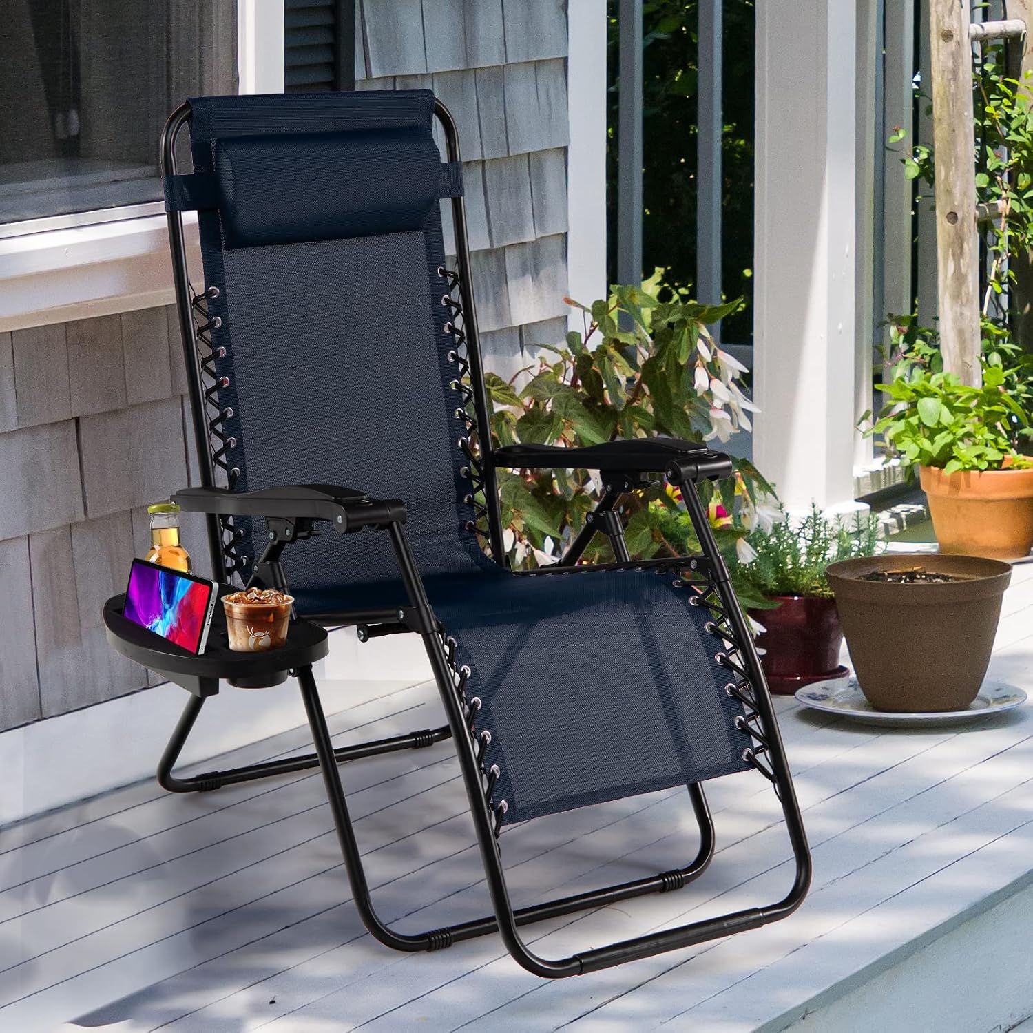 Goplus Zero Gravity Lounge Chairs, 160°Adjustable Folding Recliner w/Pillow and Cup Holder, 350LBS Comfy Outdoor Lounge Chairs for Patio, Lawn, Yard & Camp(1, Gray)