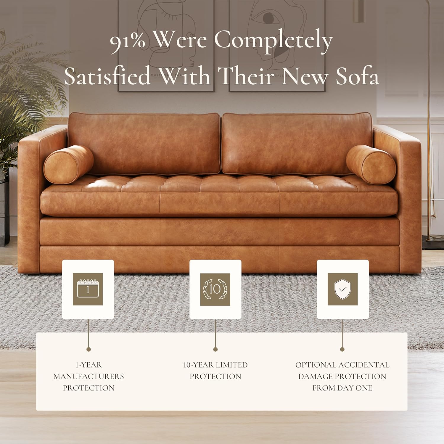 Poly & BARK 55" Tufted Leather Bed Bench for Bedroom End of Bed - Living Room Entry Way Bench - Pure Italian Leather Upholstery with a Solid Wood Frame - Ottoman Bench with Wooden Legs - Cognac Tan