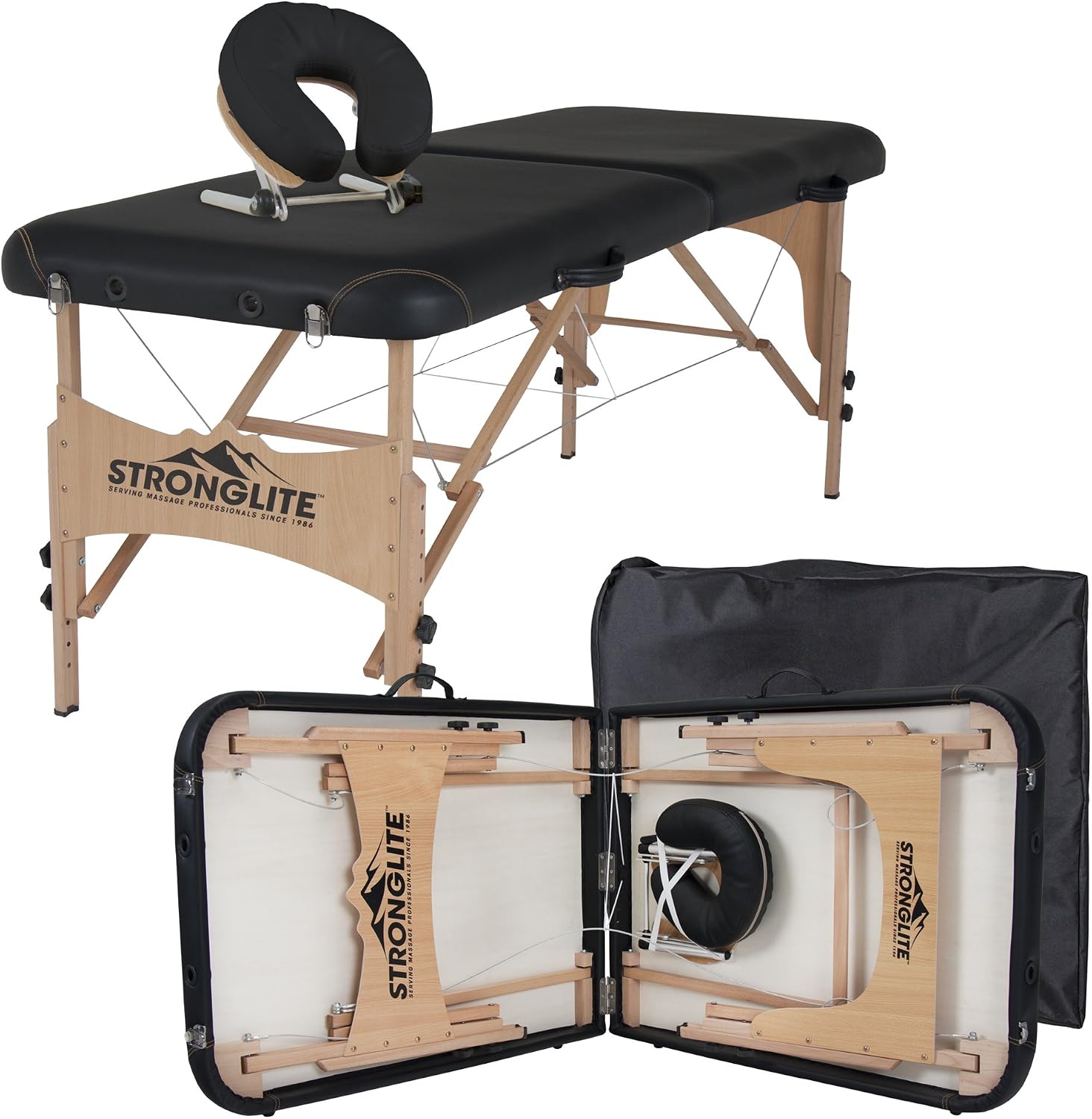 STRONGLITE Portable Massage Table Package Shasta - All-In-One Treatment Bed w/ Adjustable Face Cradle, Pillow & Carrying Case, Black
