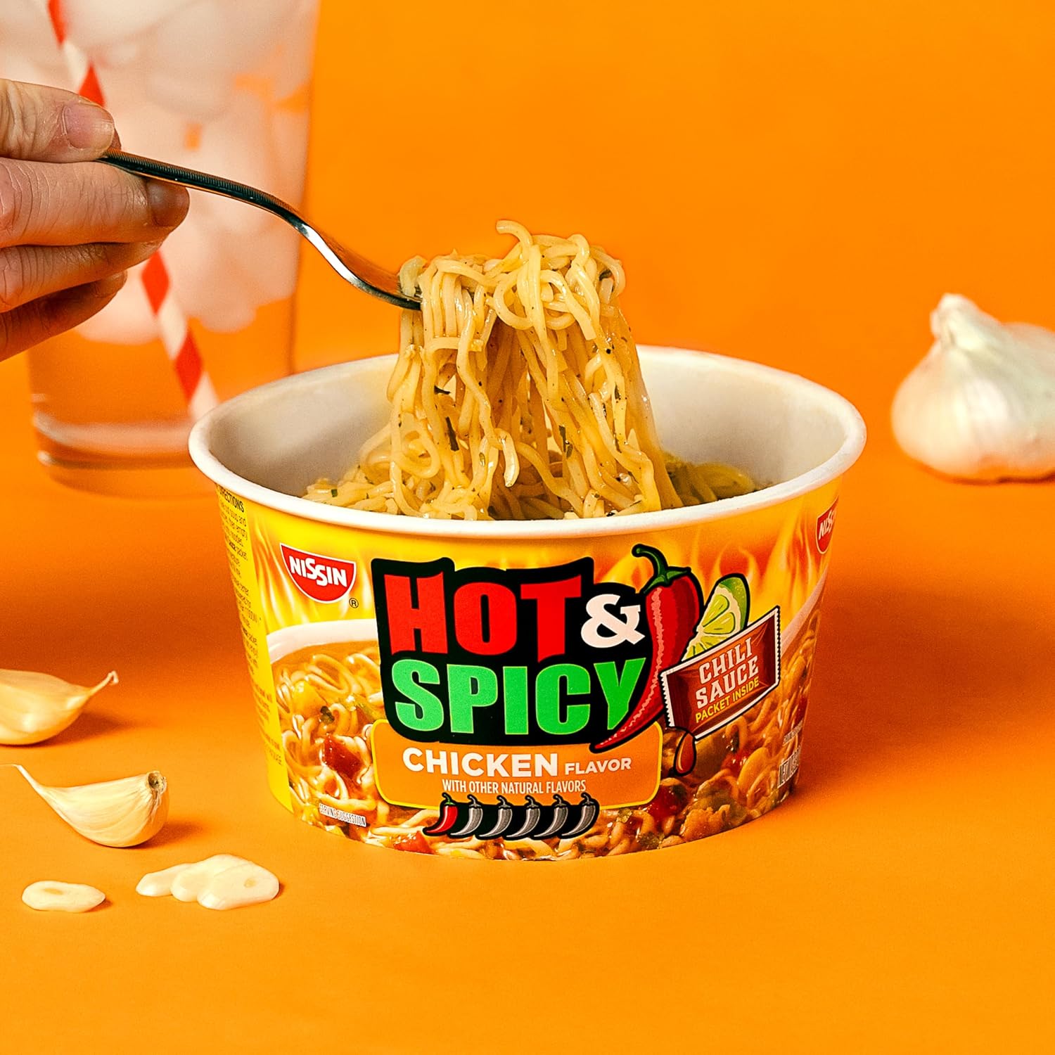 Nissin Hot & Spicy Ramen Noodle Soup, Chicken, 3.32 Ounce (Pack of 6) | Bold and spicy flavor for a kick of heat in every bite
