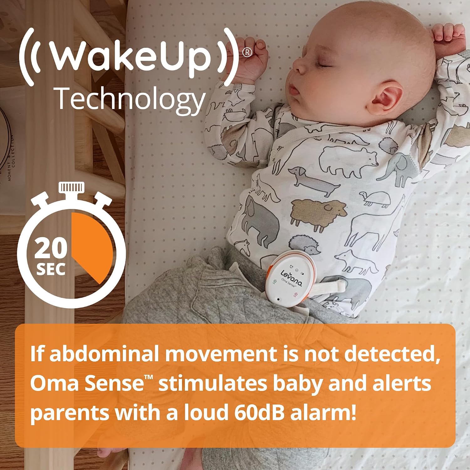 Oma Sense Portable Baby Breathing Movement Monitor with Vibrations and Audible Alerts Designed to Stimulate Baby and Alert Parents