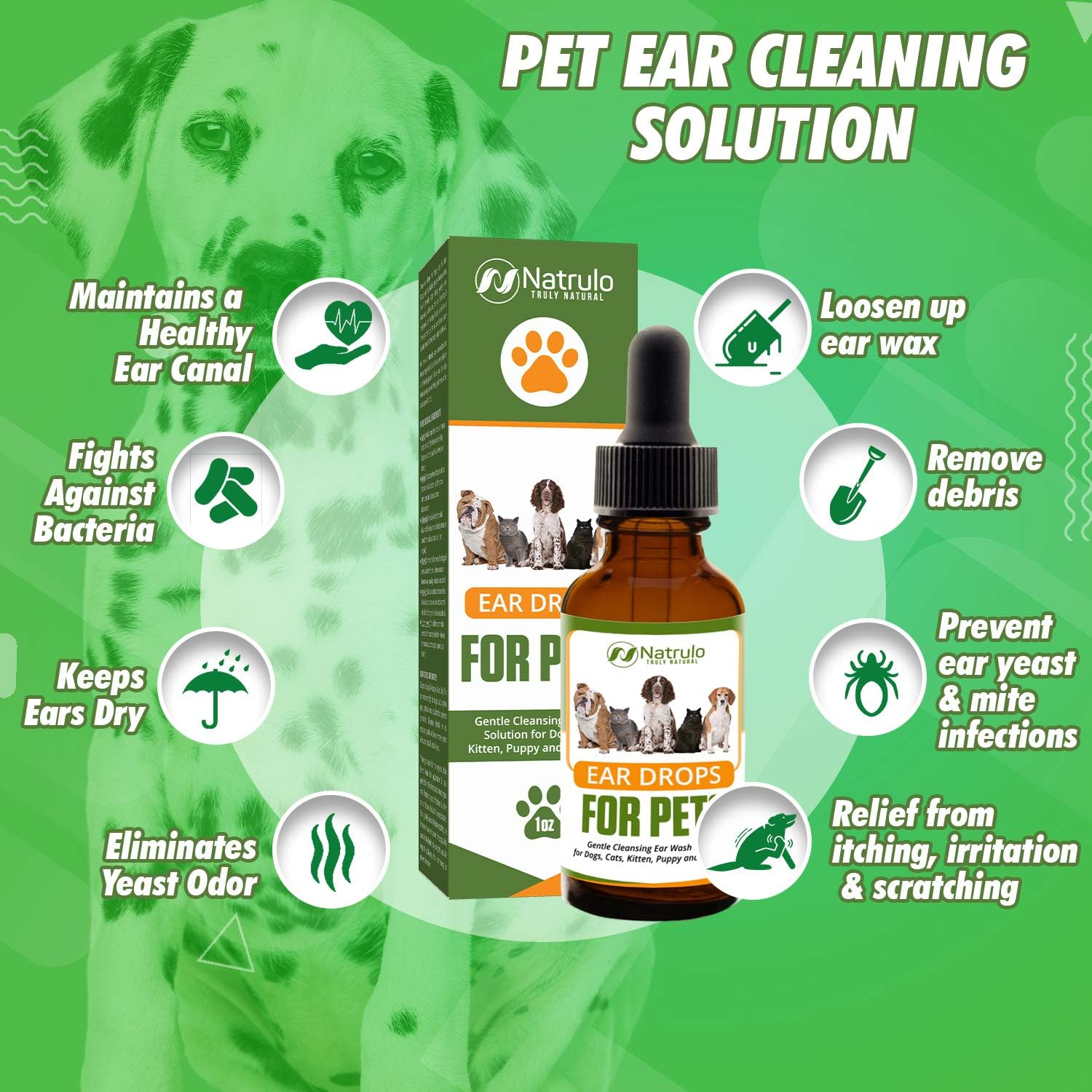Natural Ear Cleaner for Dogs, Cats, Kitten, Puppy – Gentle Cleansing Ear Wash Solution Mite Infection & Yeast Treatment for Pets – Drying