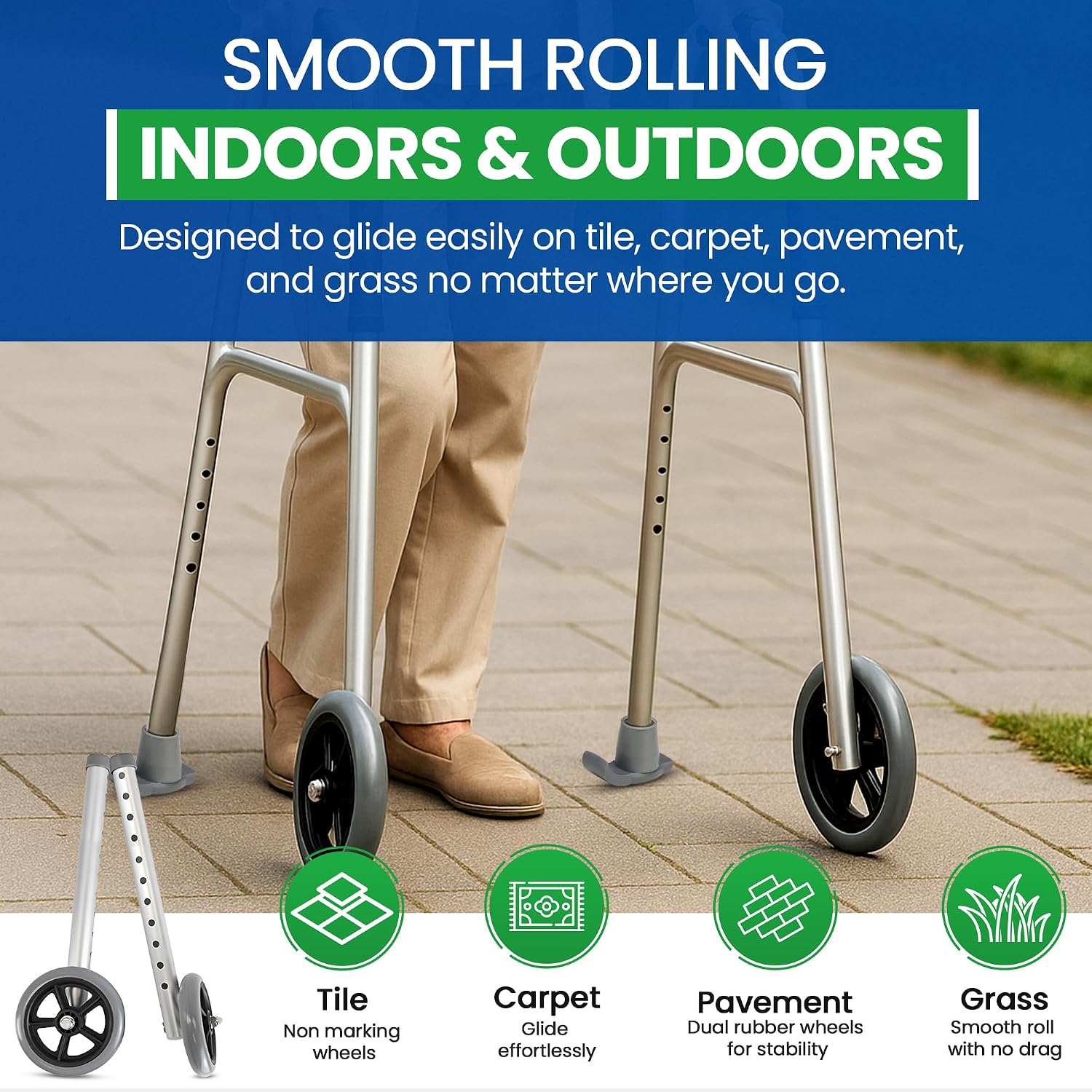 5 Inch Walker Wheels & Glides by Healthline, Fits Most Walkers, Universal Replacement Parts