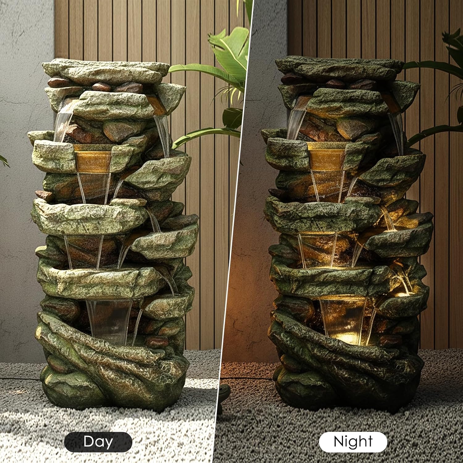 SunJet 40.5” High Rocks Outdoor Water Fountain - 6-Tiers Cascading Waterfall with LED Lights, Soothing Tranquility for Home Garden, Yard Decor