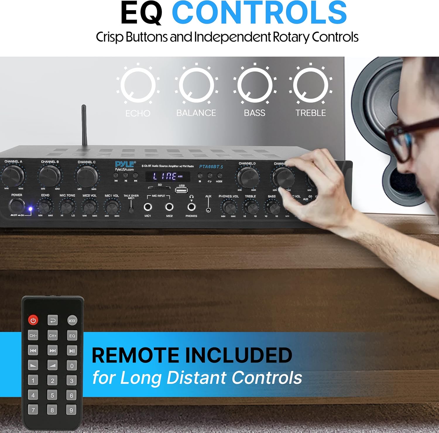 Pyle Bluetooth Home Audio Amplifier - 6 Channel Stereo Receiver Amp, 600 Watt Power, Commercial or Karaoke with Mic Talkover, Headphone Jack
