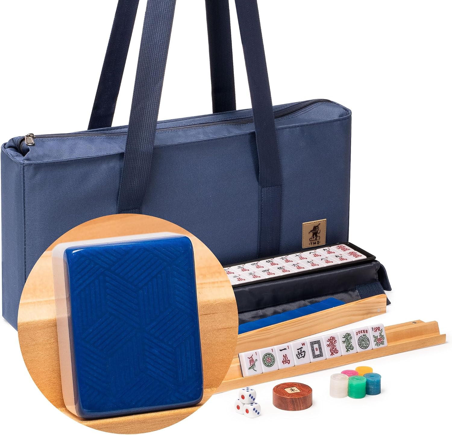 Yellow Mountain Imports American Mahjong Set, Mojave (Ivory) with Brown Soft Case, All-in-One Racks with Pushers, Wright Patterson Scoring Coins, Dice, & Wind Indicator