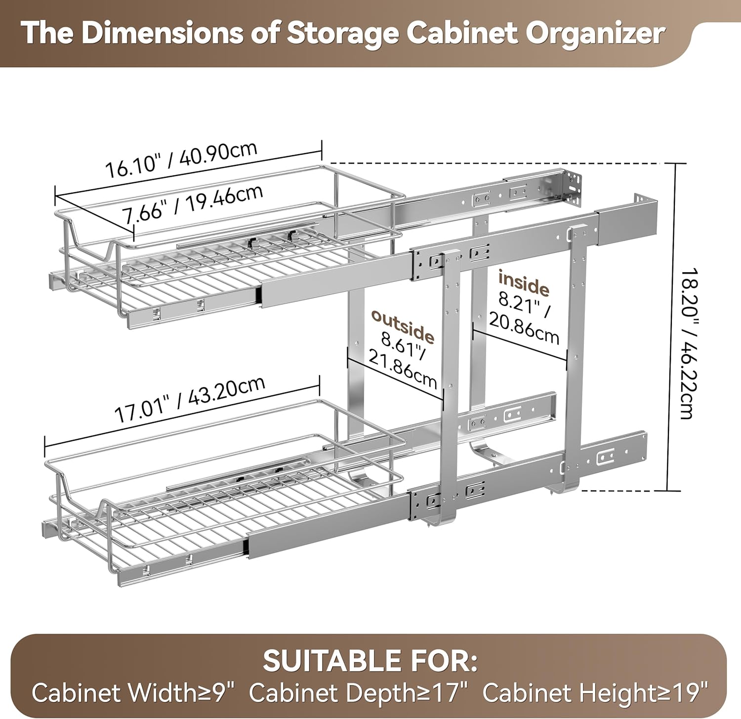 2 Tier Pull Out Cabinet Organizer 11" W X 22" D, Chromed, Full Slide Out