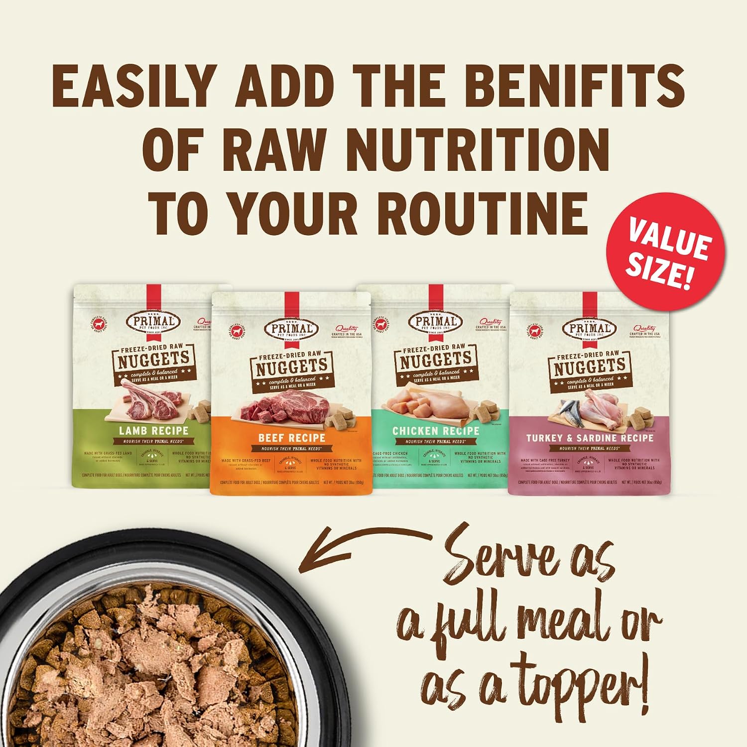 Primal Freeze Dried Raw Dog Food Nuggets, Beef, 14 oz | Complete & Balanced Nutrition, Meal, Topper or Treat, Grain-Free, High Protein, No Synthetic Vitamins & Minerals