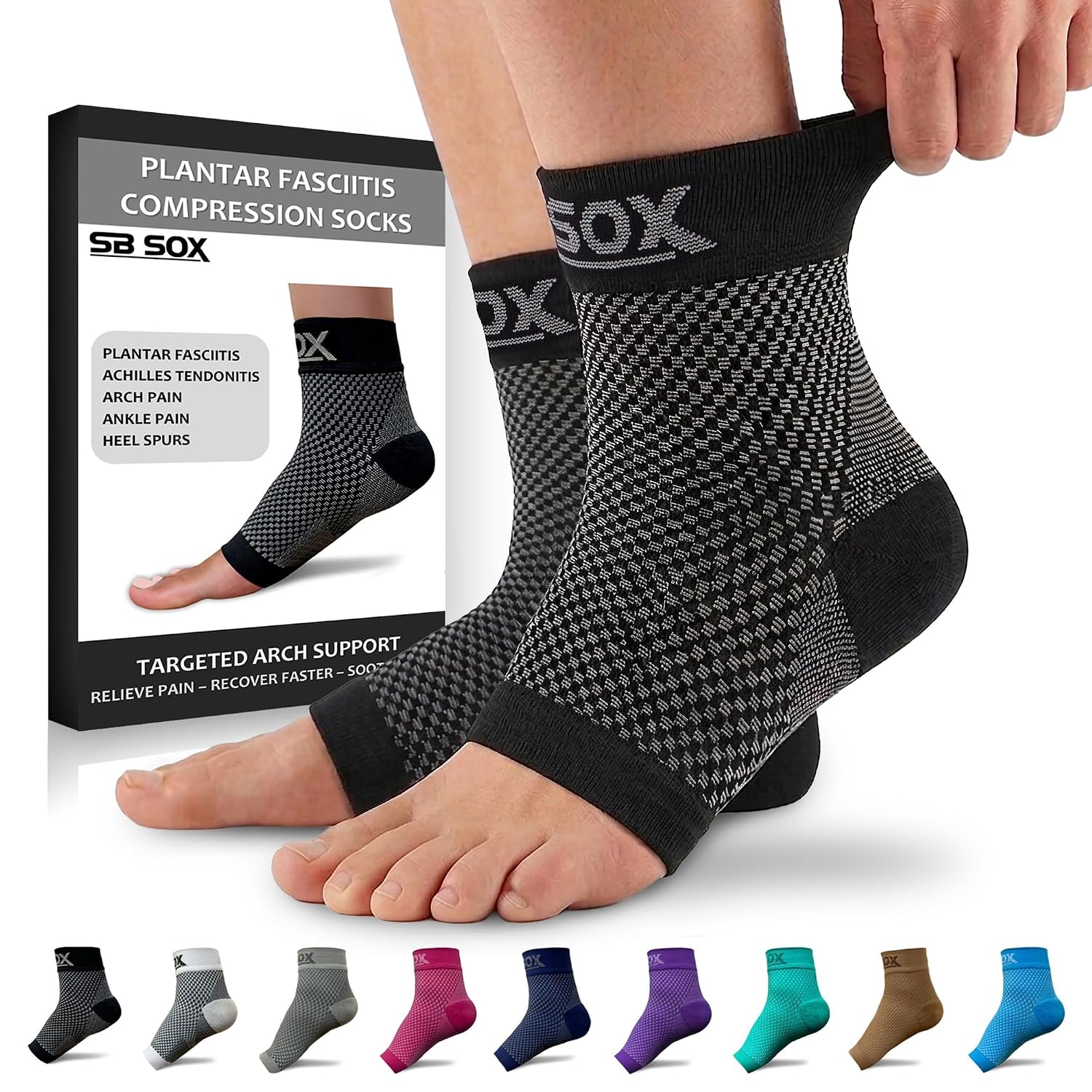 SB SOX Compression Socks for Plantar Fasciitis Relief (Gray, Medium) | Best Socks for Heel Pain Relief, Achilles Tendonitis & Foot Pain – Toeless Ankle Compression, All-Day Comfort
