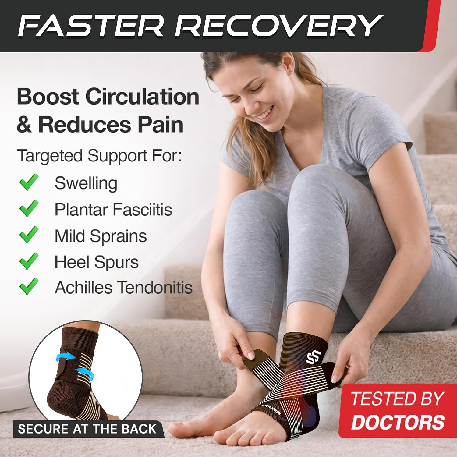 Sleeve Stars Ankle Brace for Women & Men, Ankle Wrap for Sprain, Compression Sleeve for Plantar Fasciitis Relief, Easy Customizable Support: w/ Removable Strap (Single/M:10"-12"/Black)