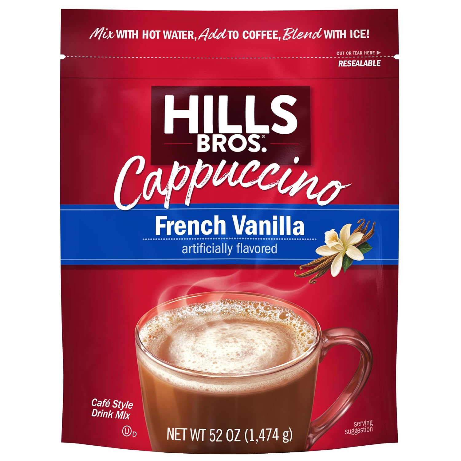 Hills Bros. Cappuccino Mix – Rich, Frothy Coffeehouse-Tasting Instant Drink Mix – Quick and Easy Preparation – Perfect for Hot & Iced Drinks & Creaming Coffee – Double Mocha, 1 Pack of 16oz